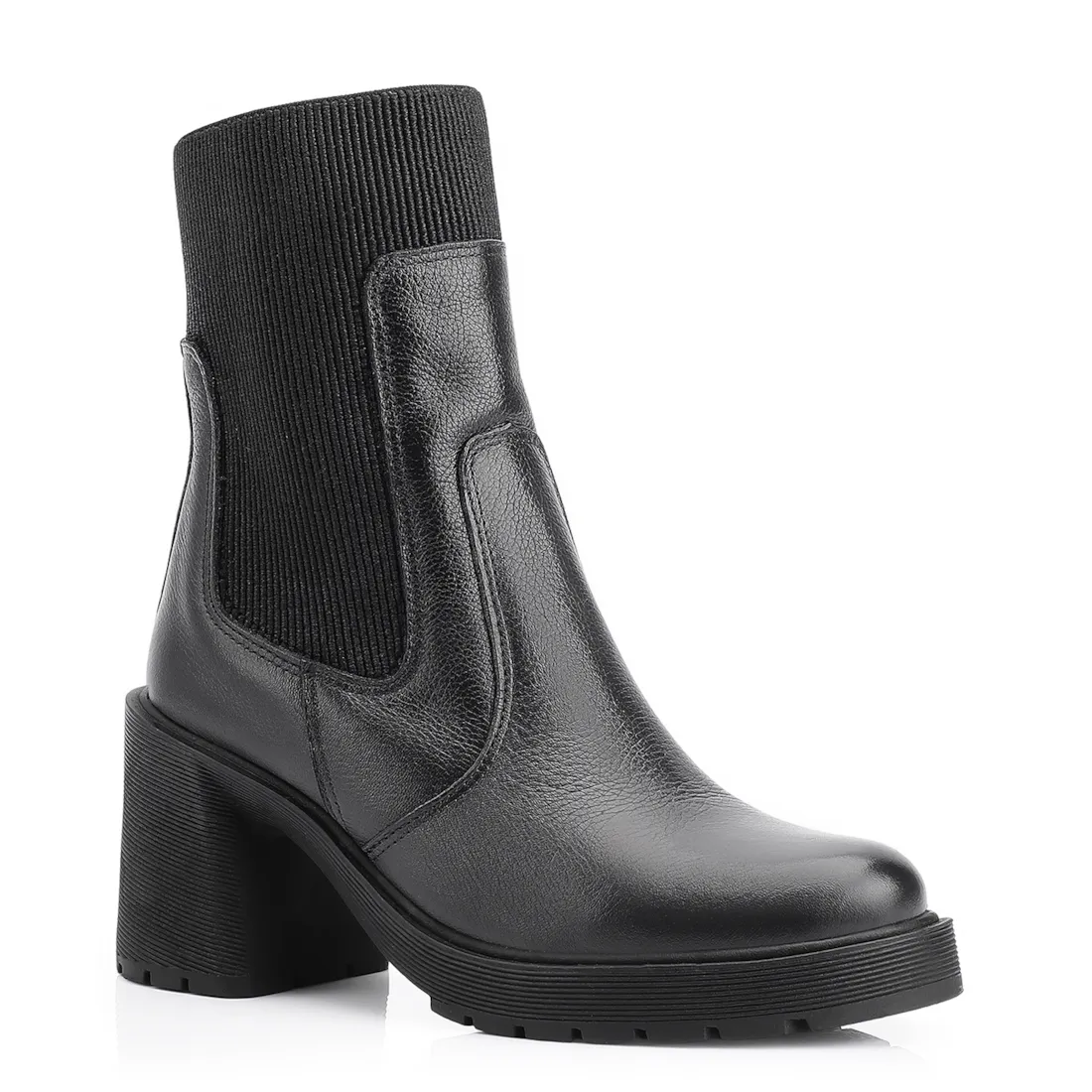Bota Preta Cano Médio Salto Médio Couro Chelsea Tratorada
