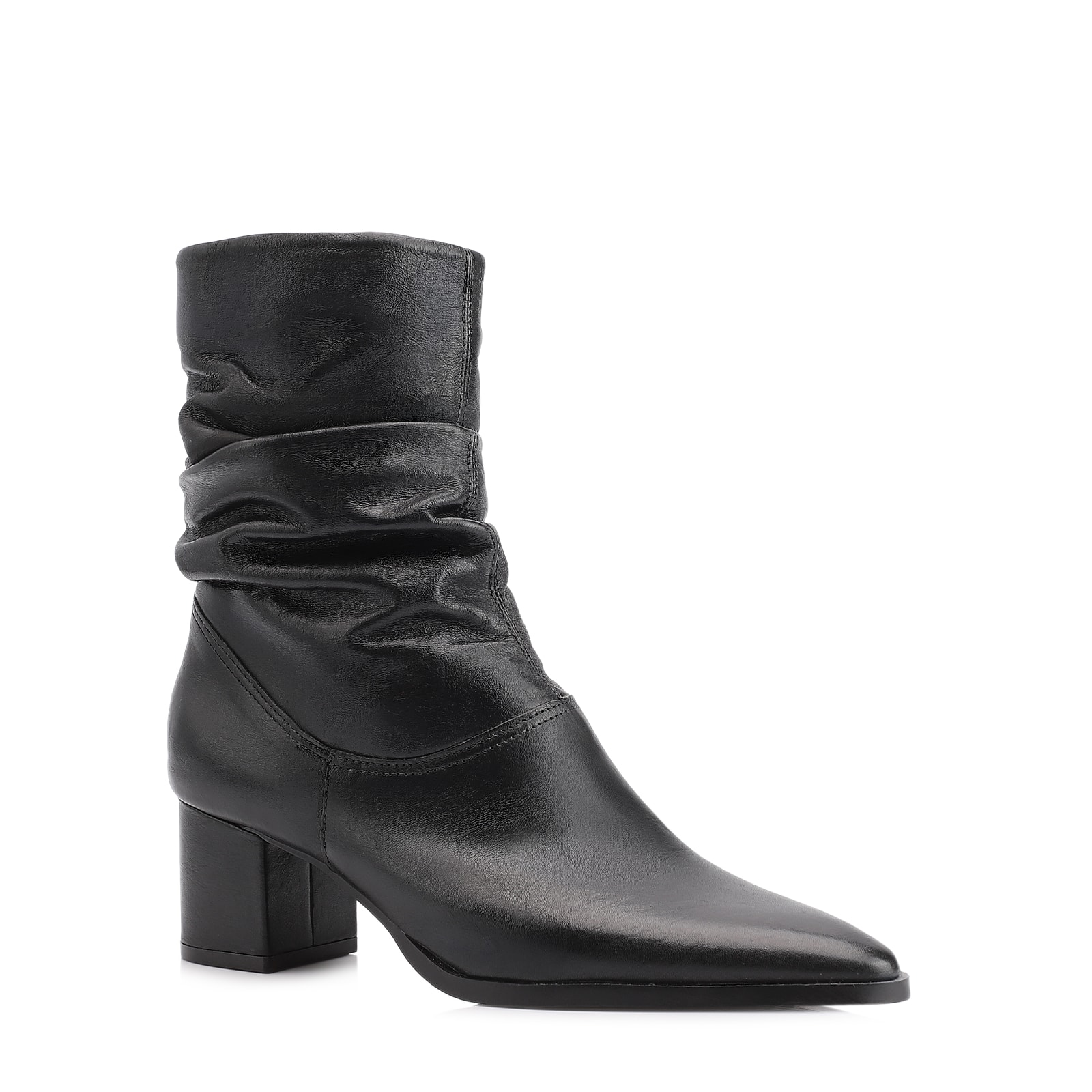 Bota Preta Cano Médio Salto Médio Couro Slouch