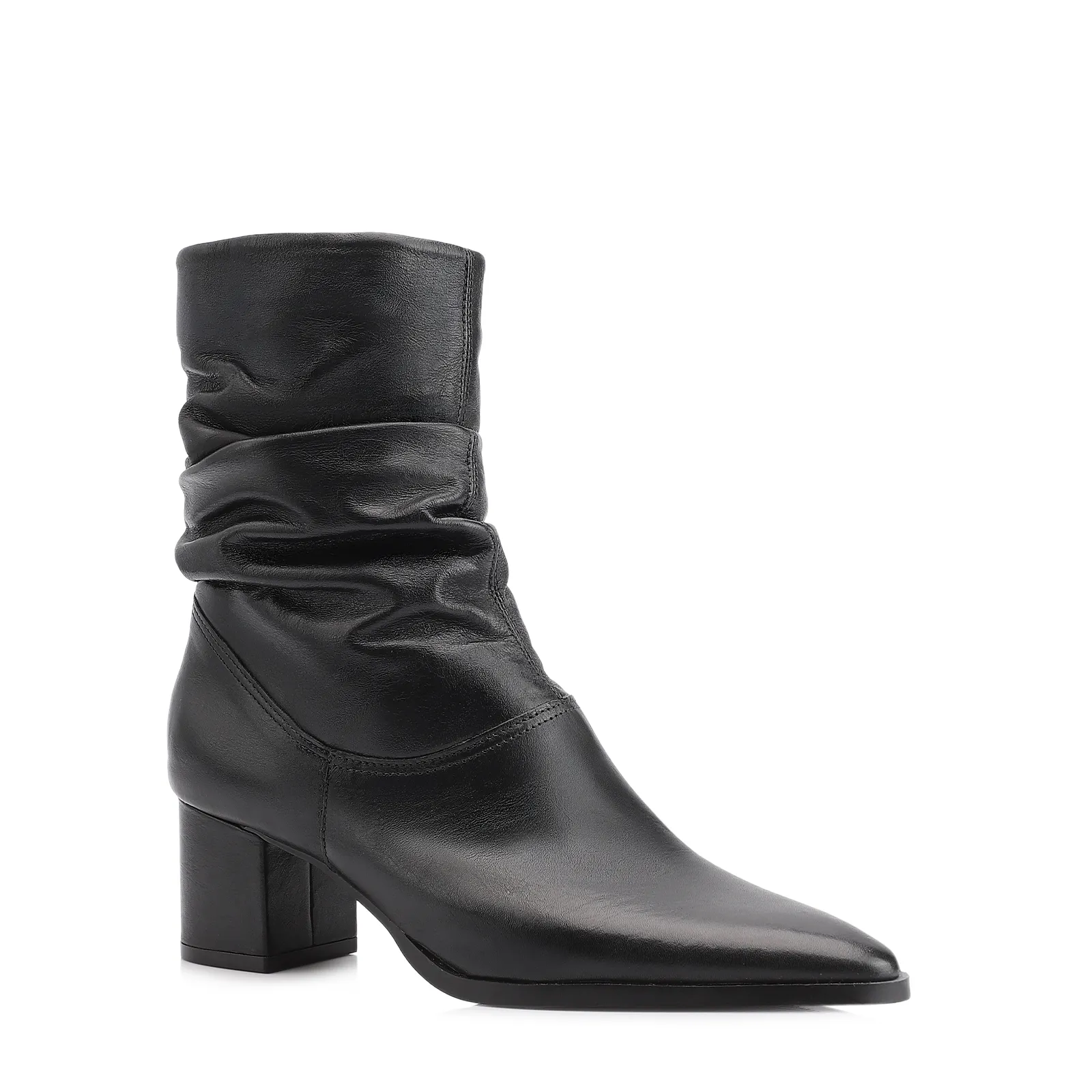 Bota Preta Cano Médio Salto Médio Couro Slouch