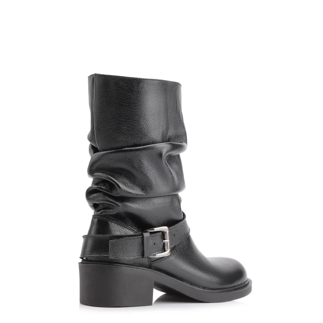 Bota Preta Cano Médio Salto Médio Couro Slouch Fivela - foto 4