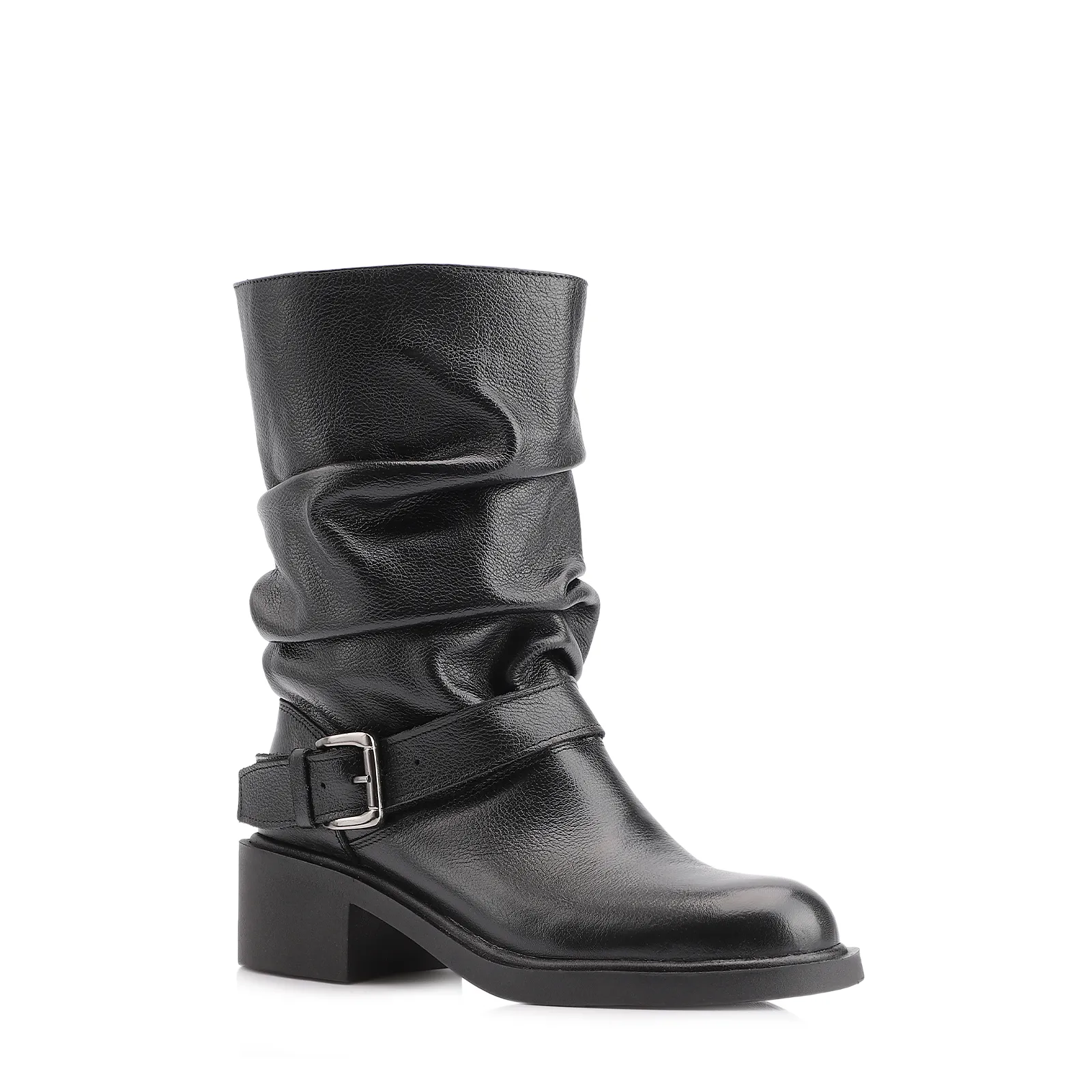 Bota Preta Cano Médio Salto Médio Couro Slouch Fivela