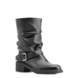 Bota Preta Cano Médio Salto Médio Couro Slouch Fivela