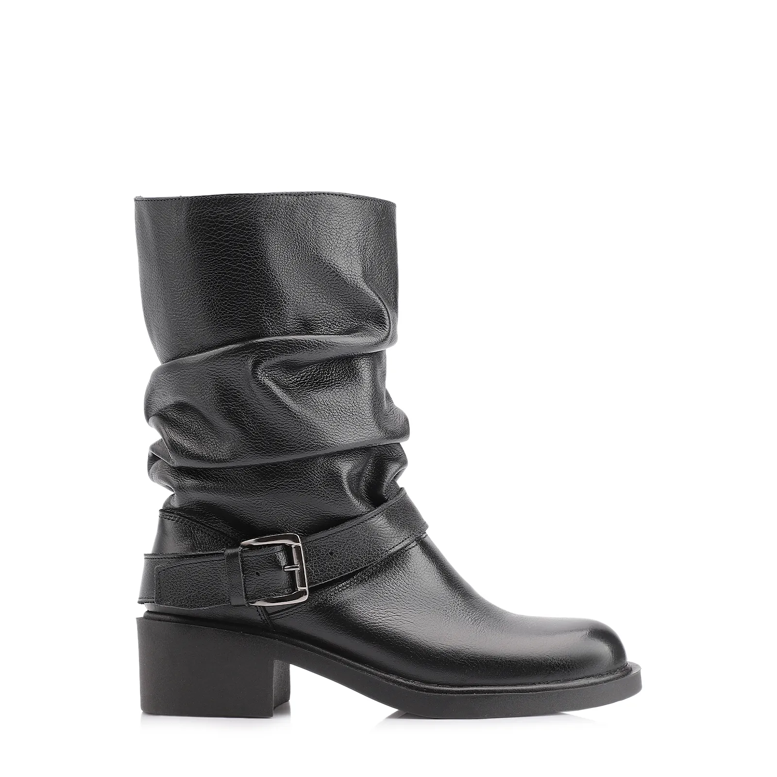Bota Preta Cano Médio Salto Médio Couro Slouch Fivela