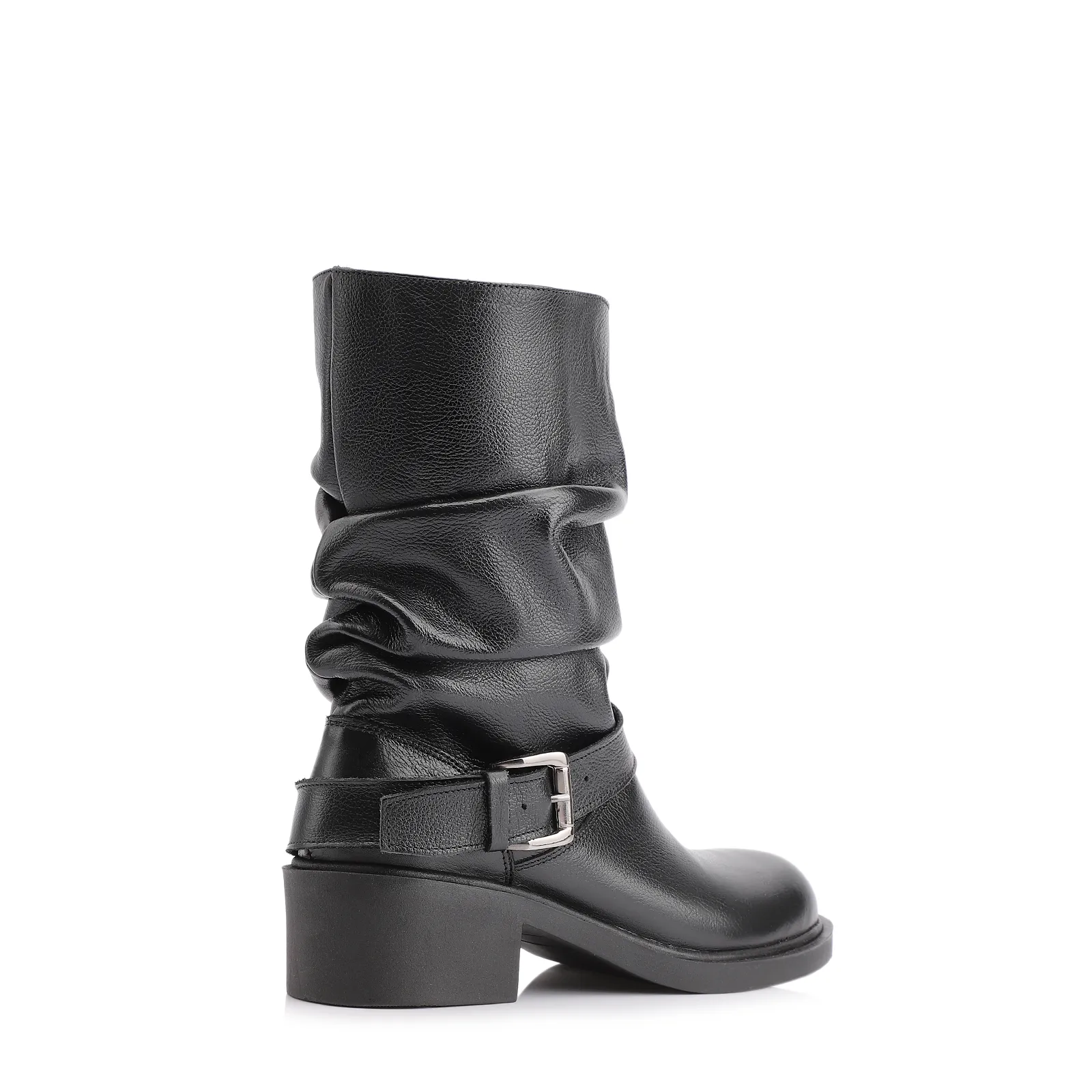 Bota Preta Cano Médio Salto Médio Couro Slouch Fivela