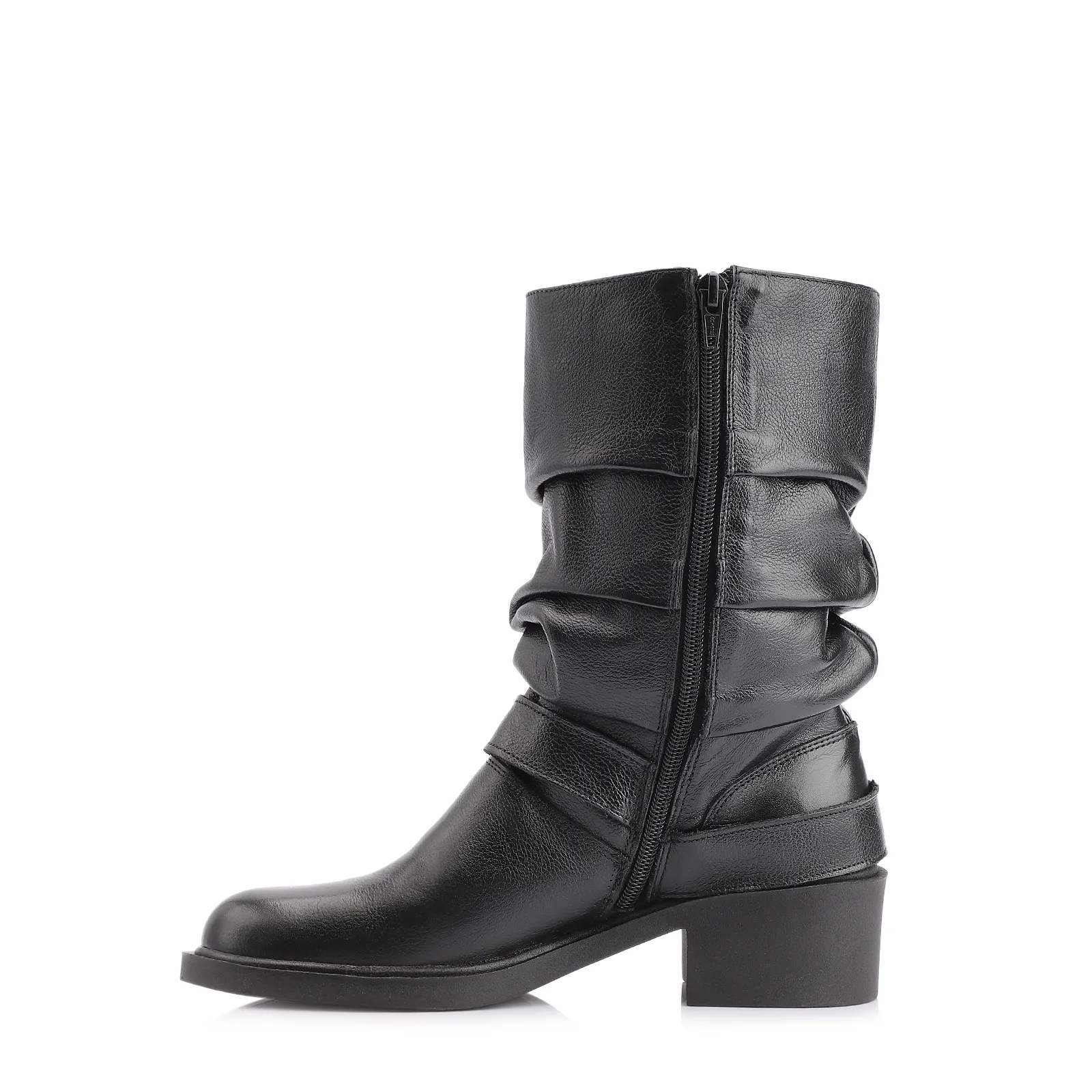 Bota Preta Cano Médio Salto Médio Couro Slouch Fivela