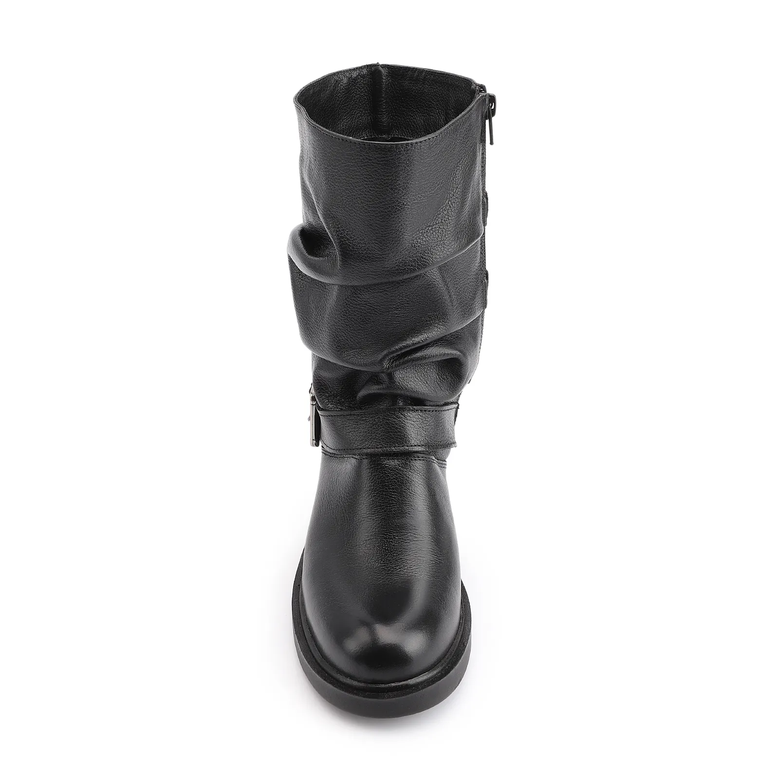 Bota Preta Cano Médio Salto Médio Couro Slouch Fivela