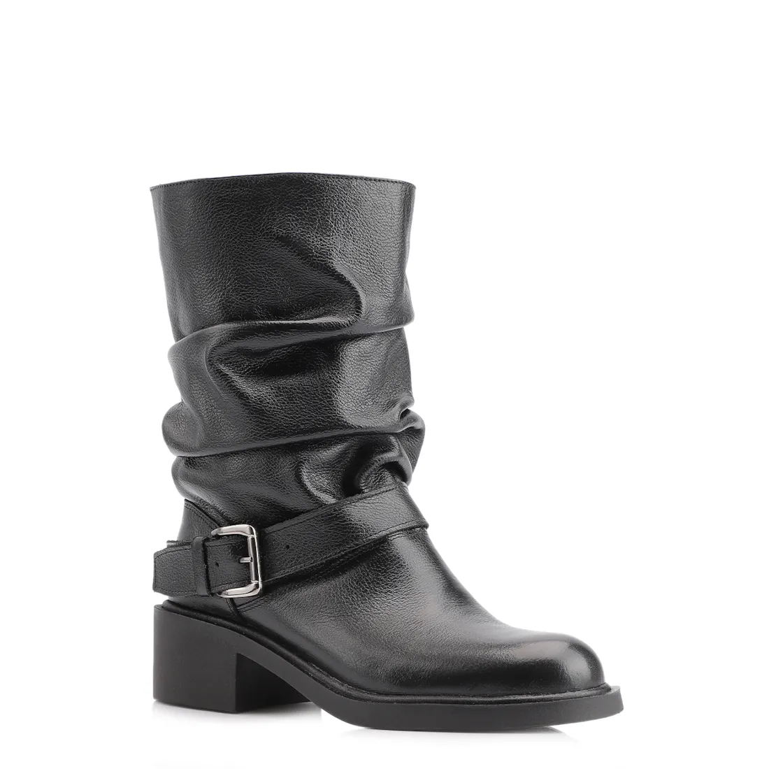 Bota Preta Cano Médio Salto Médio Couro Slouch Fivela