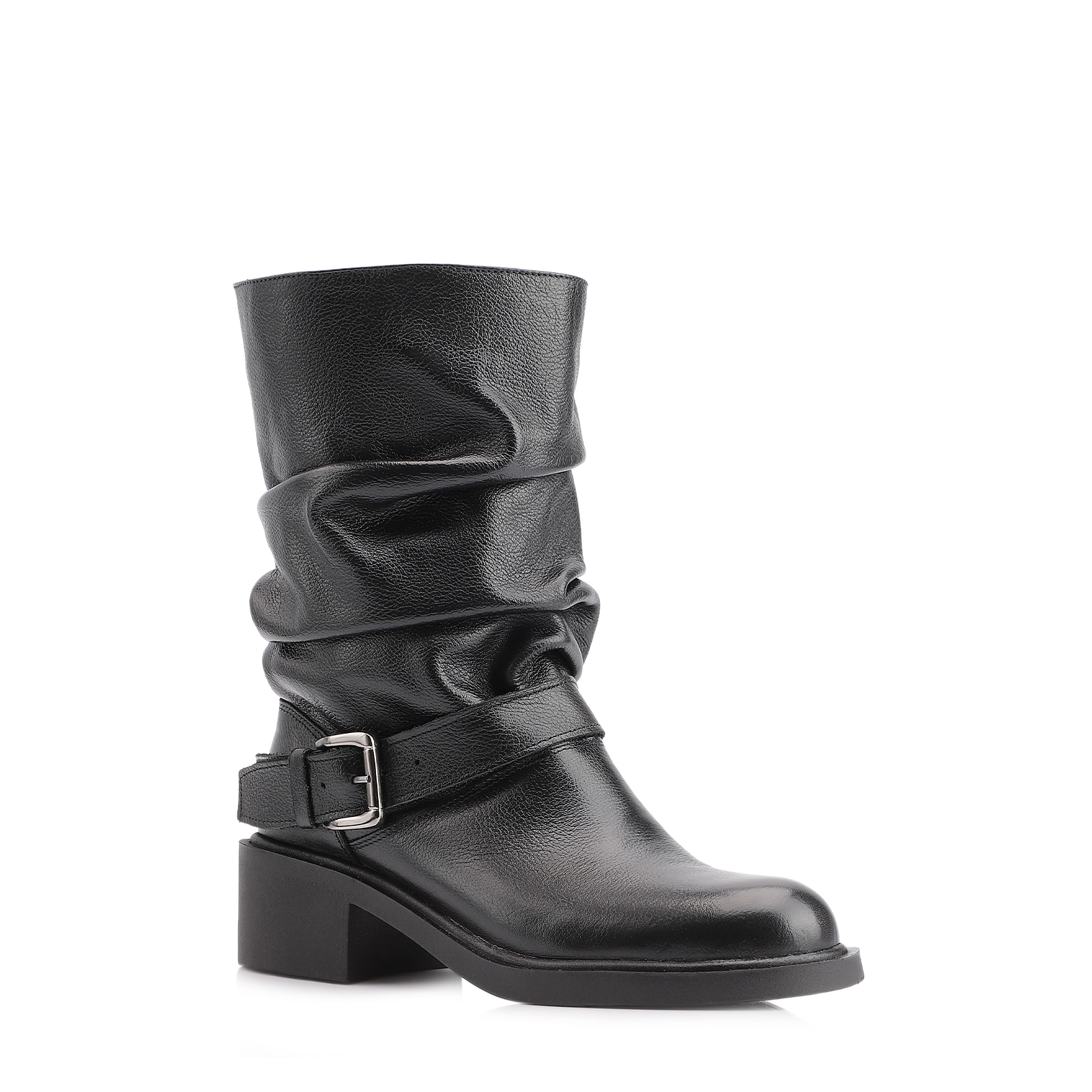 Bota Preta Cano Médio Salto Médio Couro Slouch Fivela