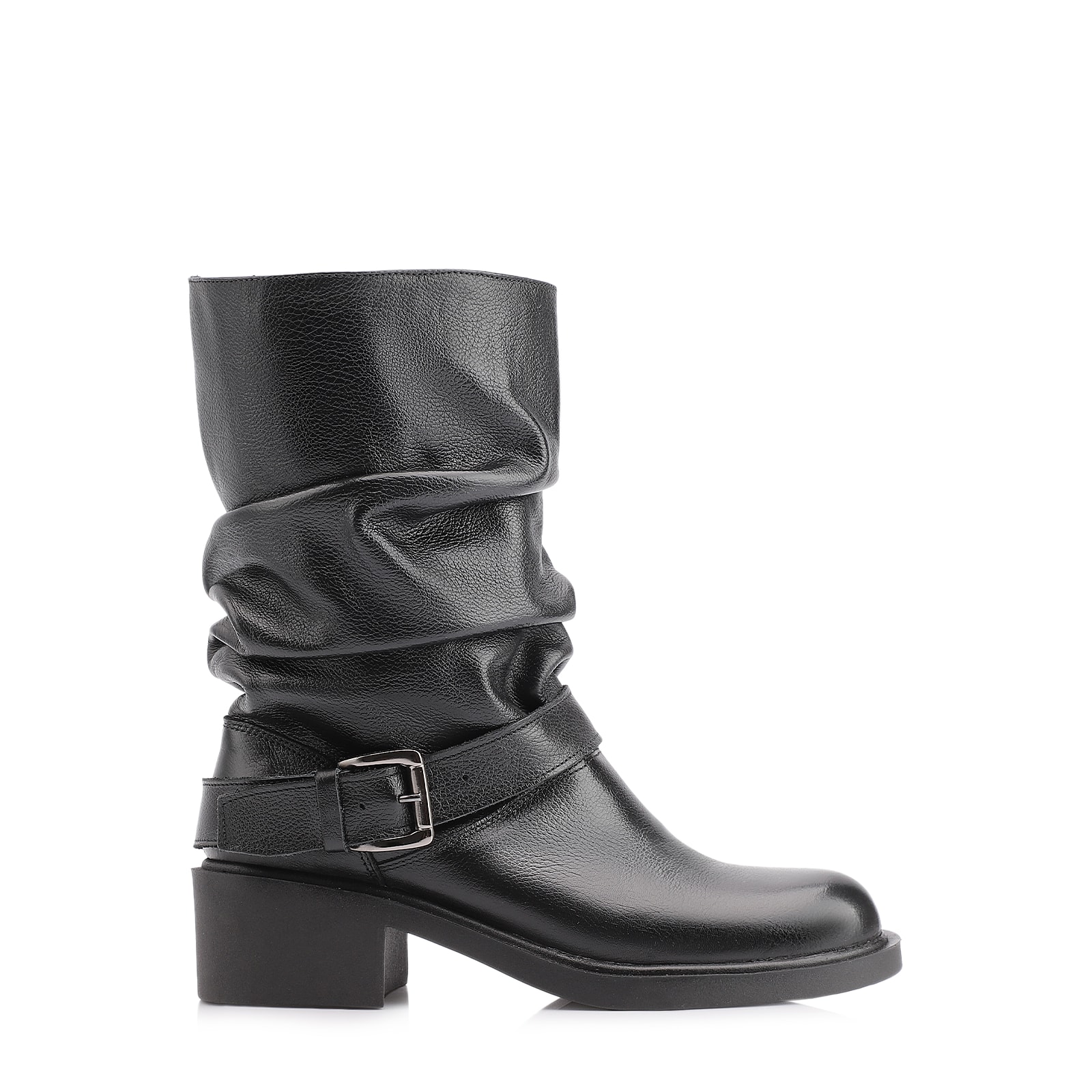 Bota Preta Cano Médio Salto Médio Couro Slouch Fivela
