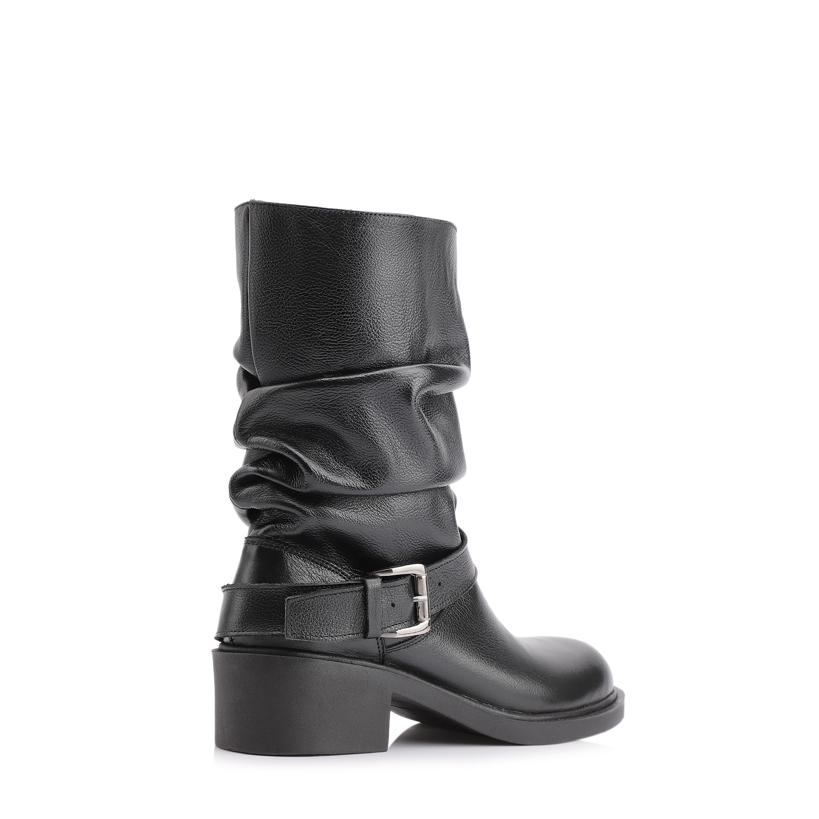 Bota Preta Cano Médio Salto Médio Couro Slouch Fivela