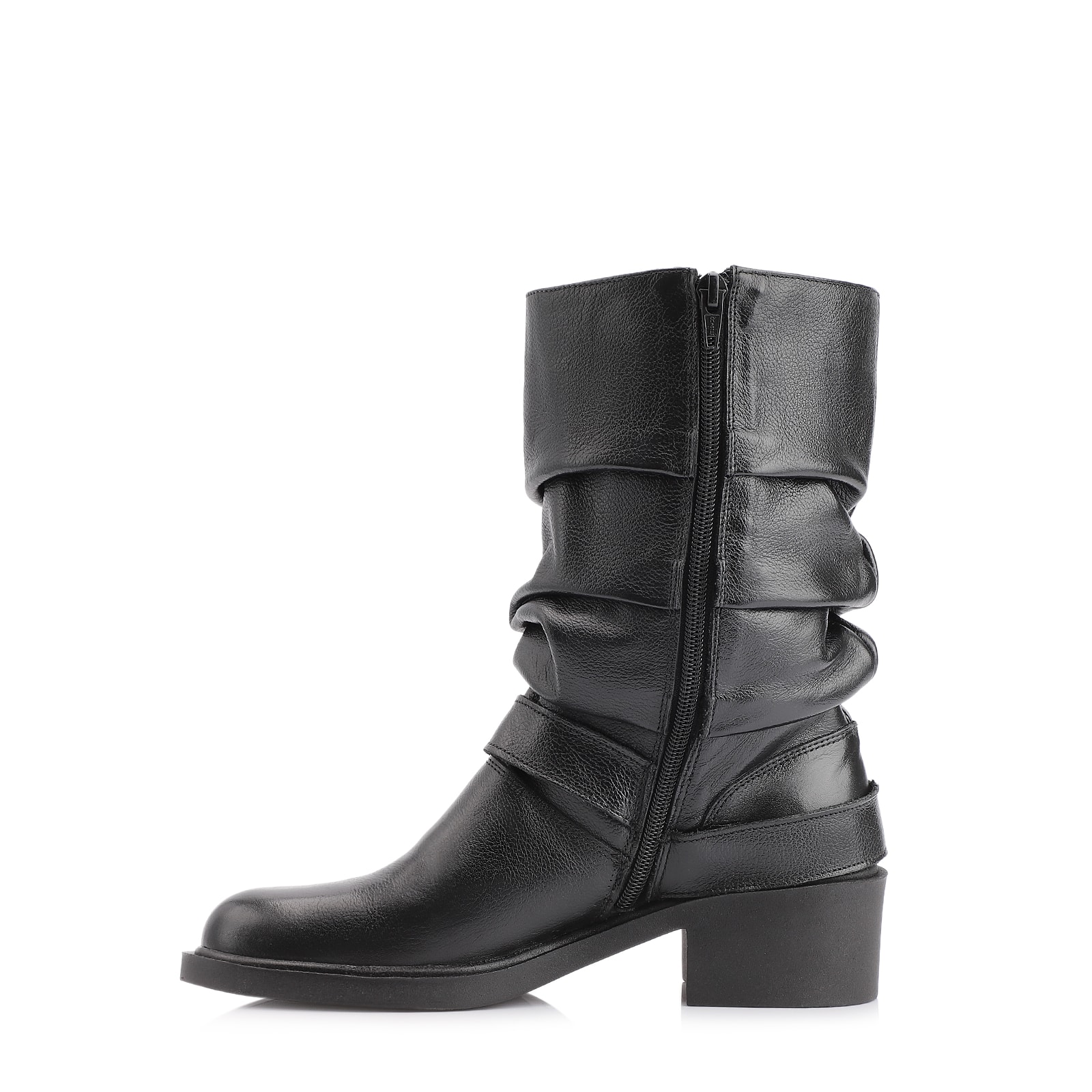Bota Preta Cano Médio Salto Médio Couro Slouch Fivela