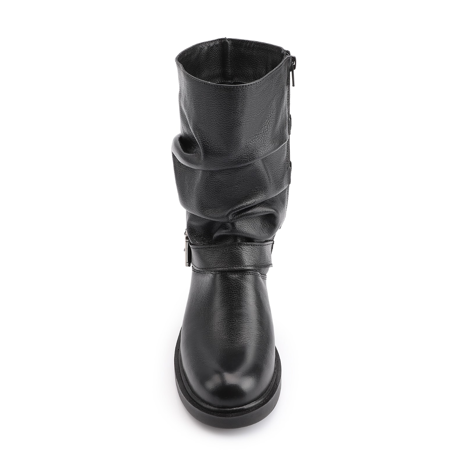 Bota Preta Cano Médio Salto Médio Couro Slouch Fivela