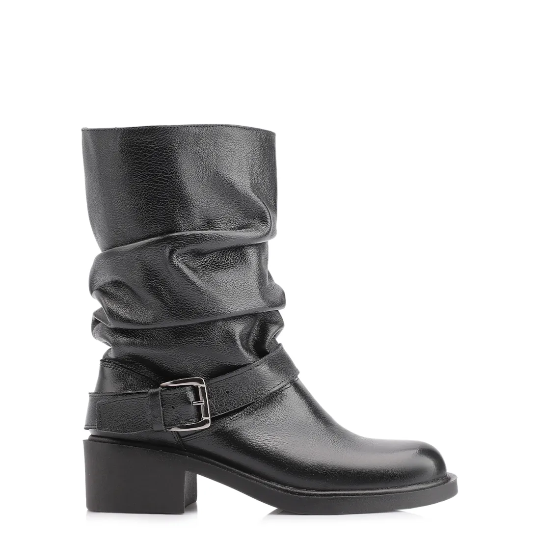 Bota Preta Cano Médio Salto Médio Couro Slouch Fivela - foto 3
