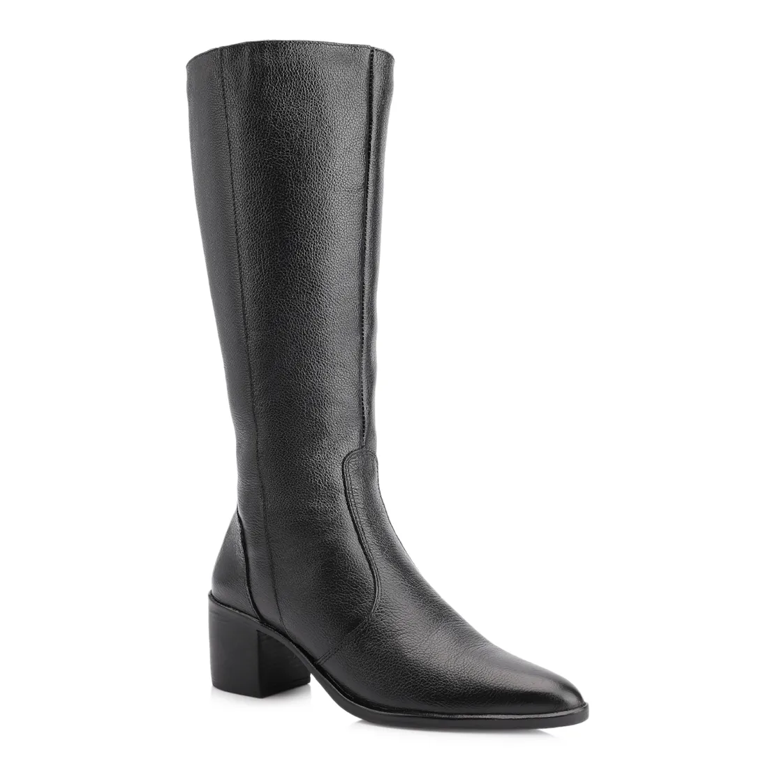 Bota Preto Cano Alto Salto Baixo Couro Bico Redondo