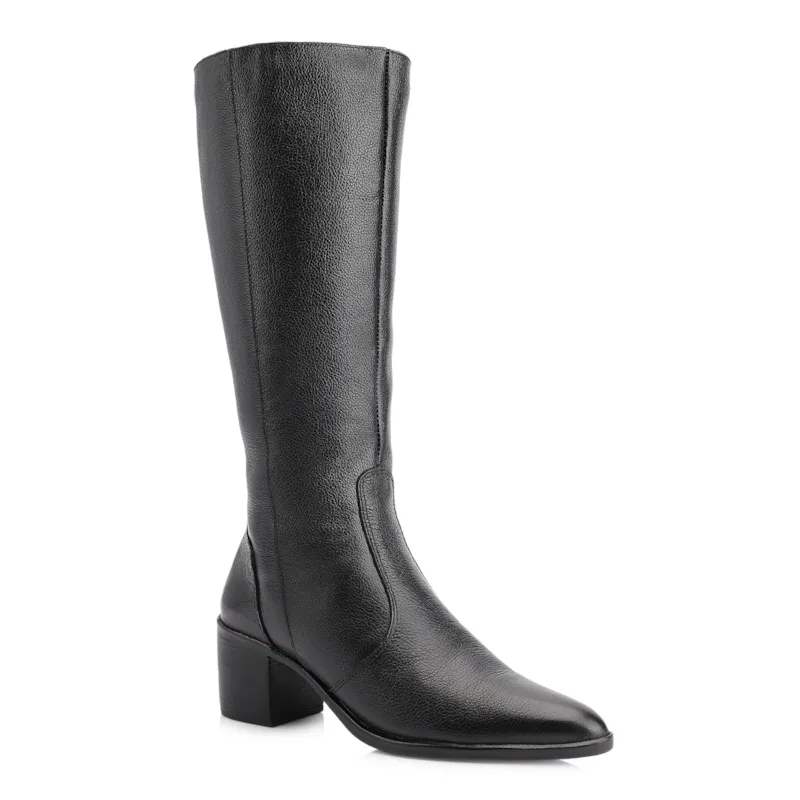 Bota Preto Cano Alto Salto Baixo Couro Bico Redondo