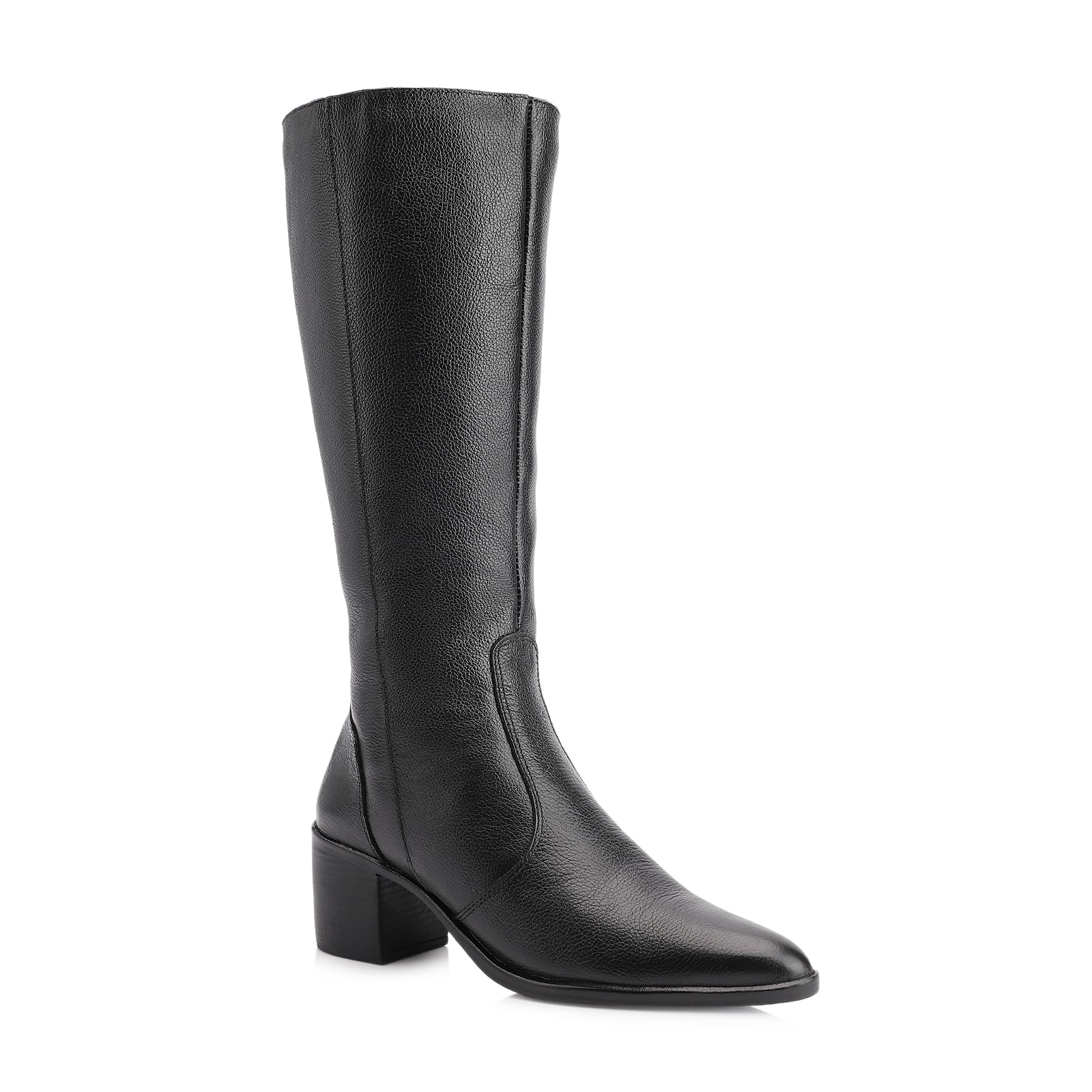Bota Preto Cano Alto Salto Baixo Couro Bico Redondo