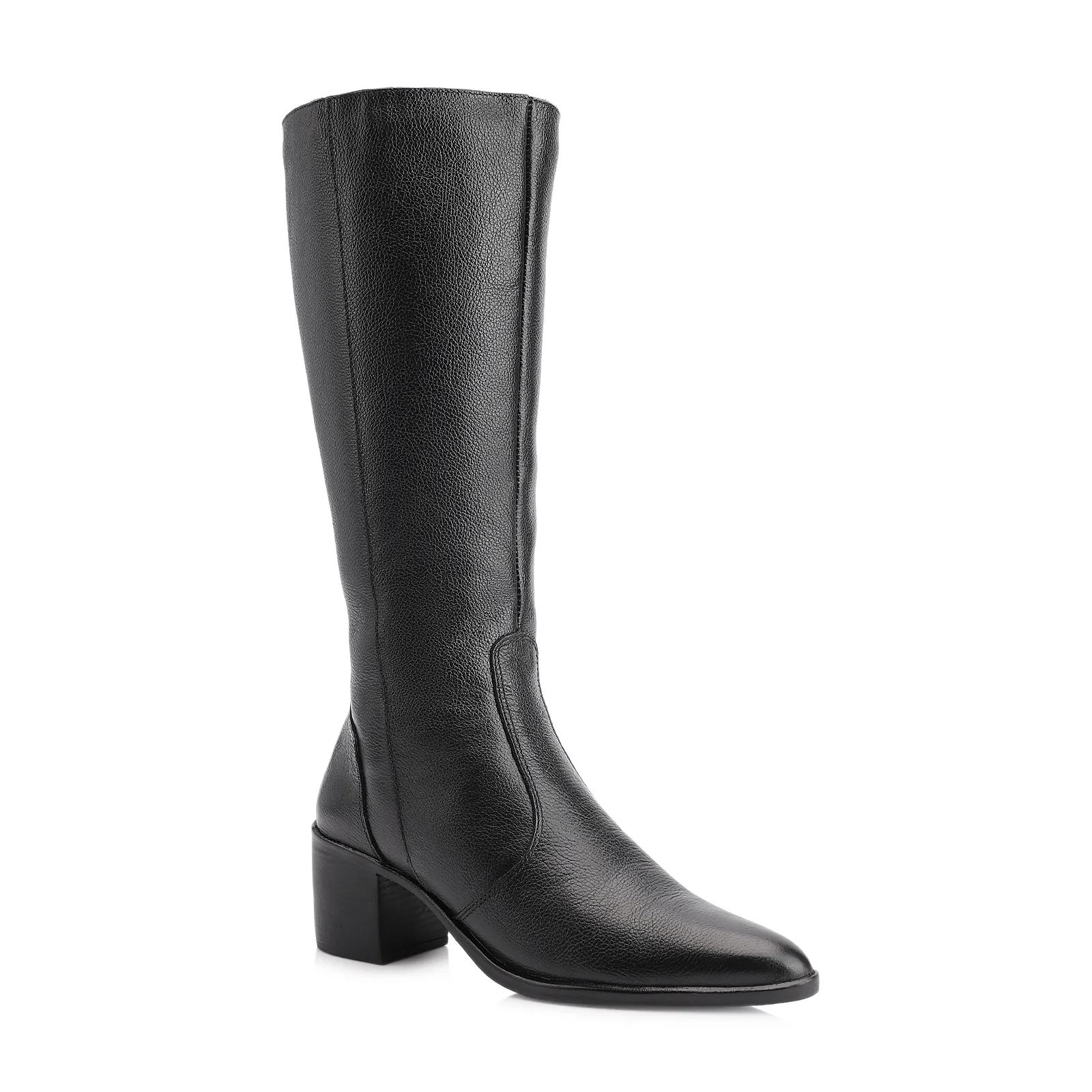 Bota Preto Cano Alto Salto Baixo Couro Bico Redondo