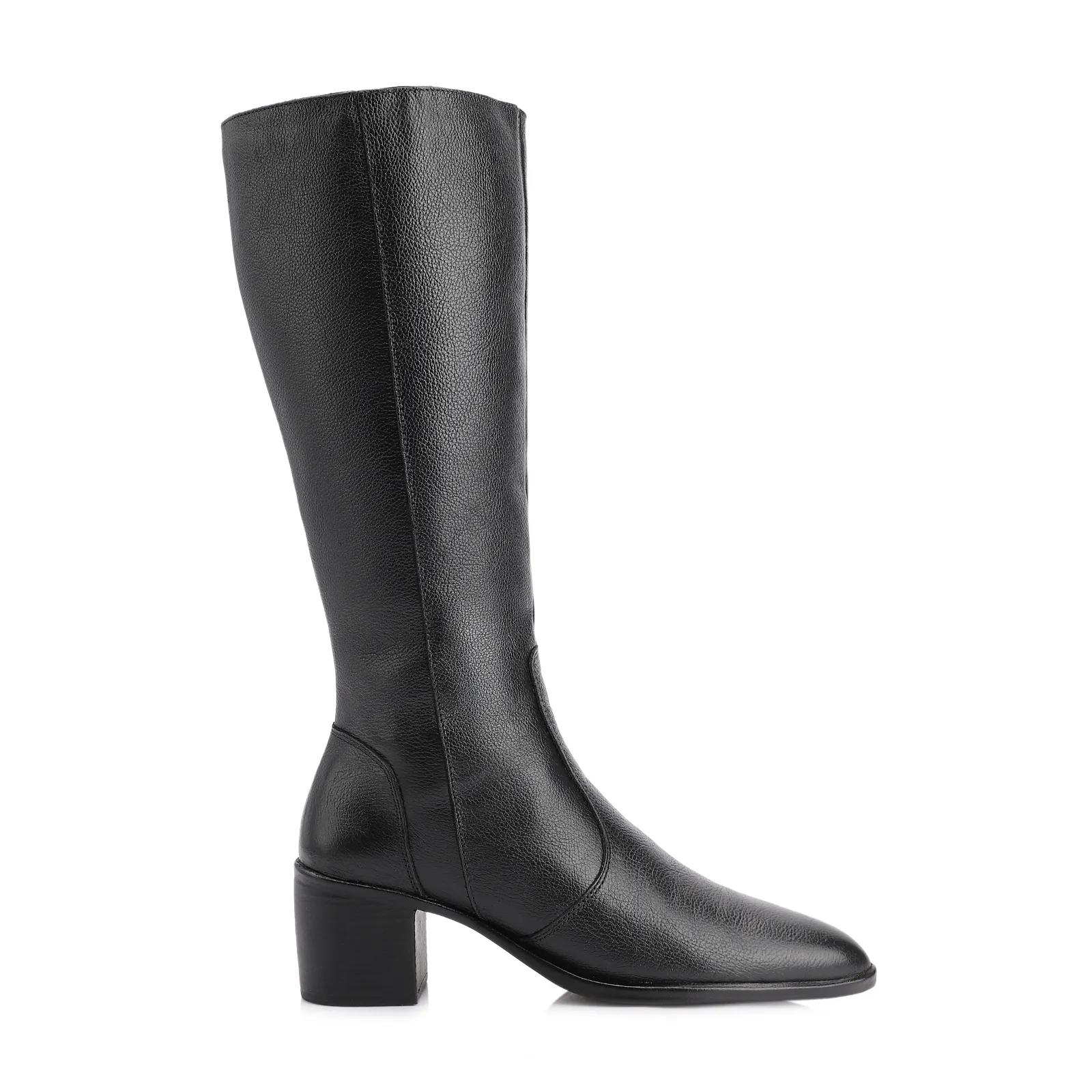Bota Preto Cano Alto Salto Baixo Couro Bico Redondo