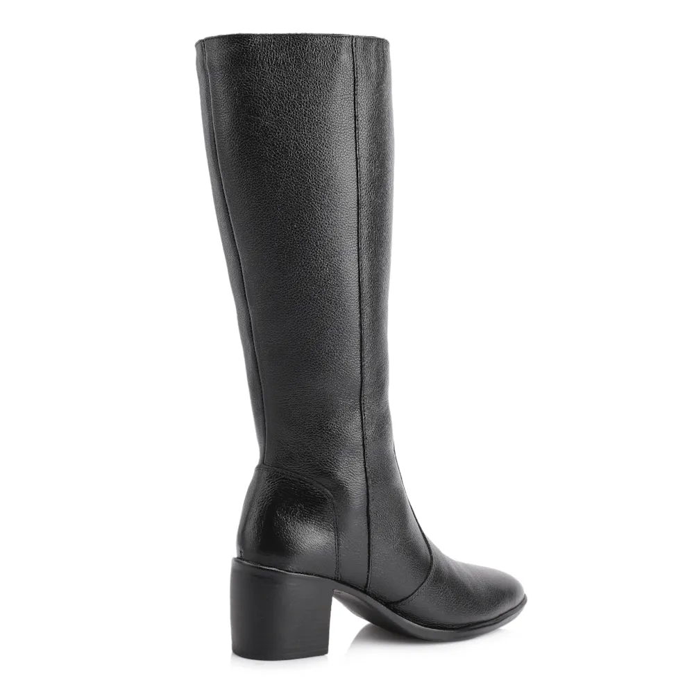 Bota Preto Cano Alto Salto Baixo Couro Bico Redondo - imagem 4