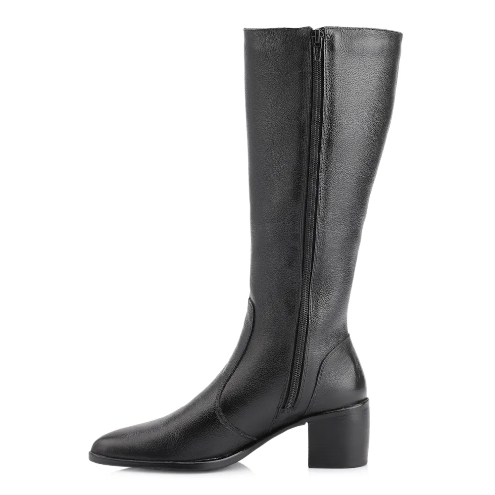 Bota Preto Cano Alto Salto Baixo Couro Bico Redondo - imagem 5
