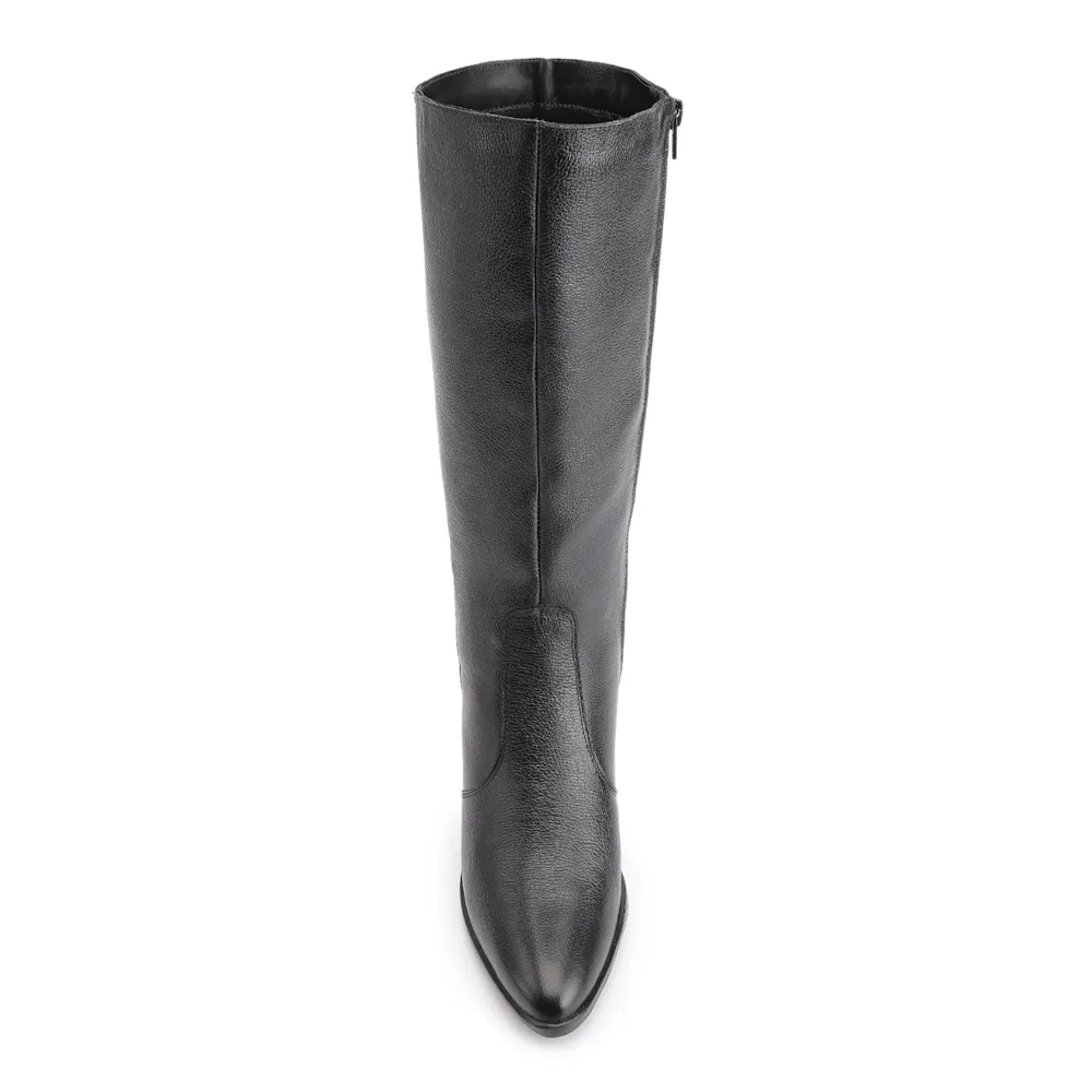 Bota Preto Cano Alto Salto Baixo Couro Bico Redondo - imagem 6
