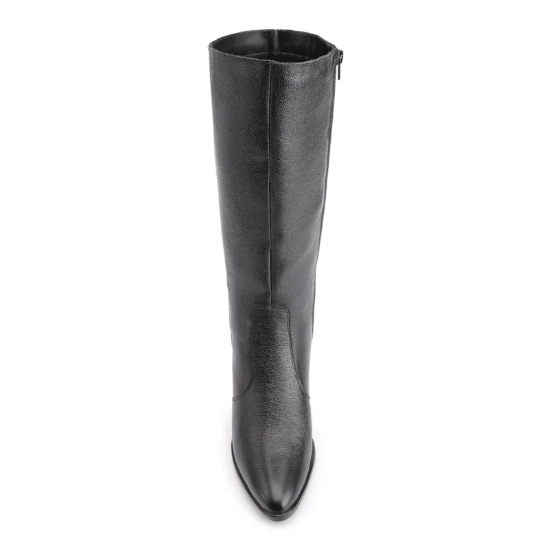 Bota Preto Cano Alto Salto Baixo Couro Bico Redondo - foto 6