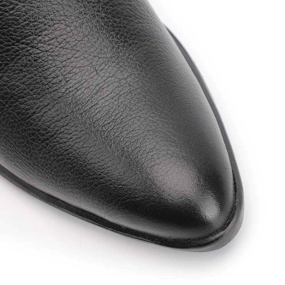 Bota Preto Cano Alto Salto Baixo Couro Bico Redondo - imagem 7