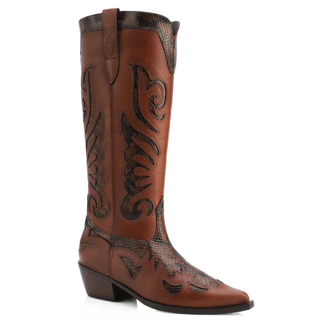 Bota Western Cano Alto Salto Médio Couro Marrom Recortes Alt Python