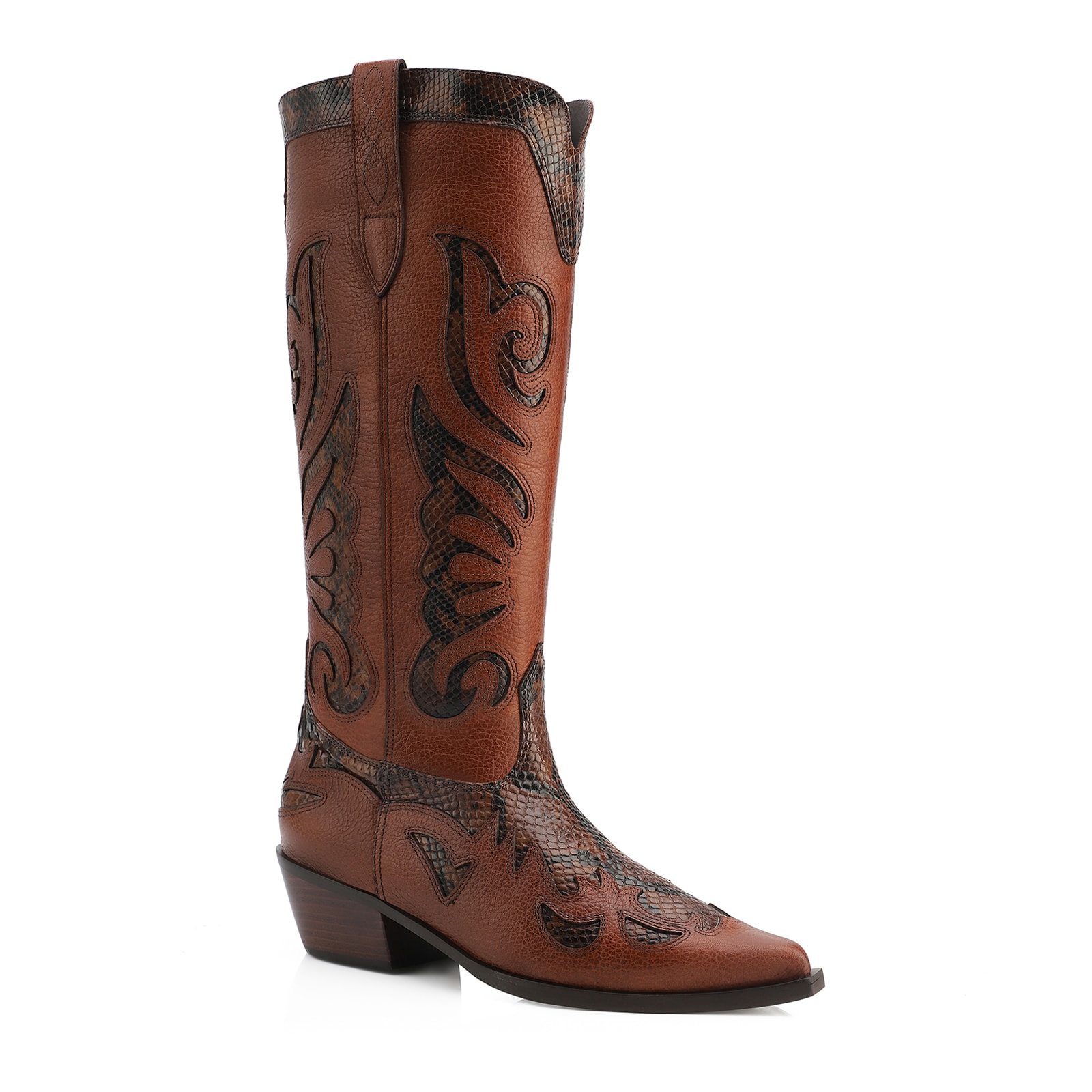 Bota Western Cano Alto Salto Médio Couro Marrom Recortes Alt Python
