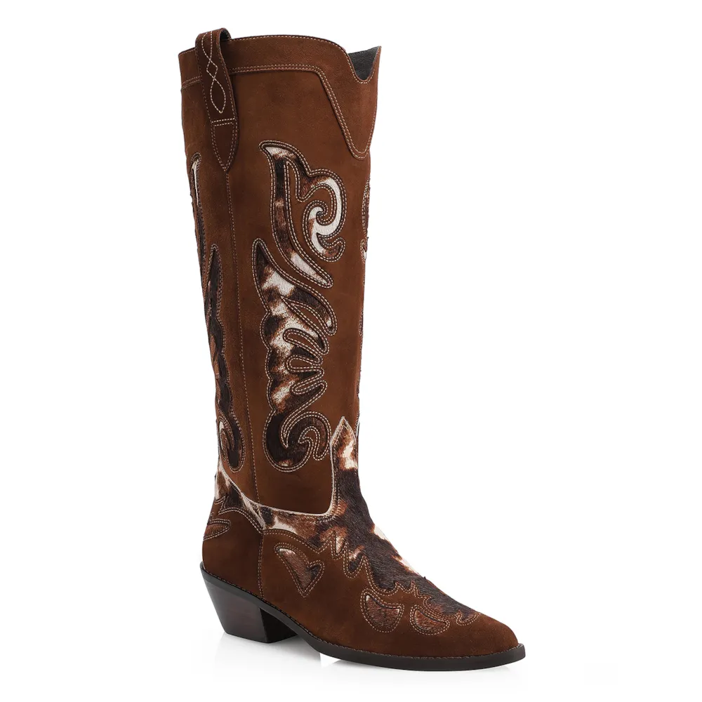 Bota Western Couro Camurça Marrom/Couro Pelo Vaca