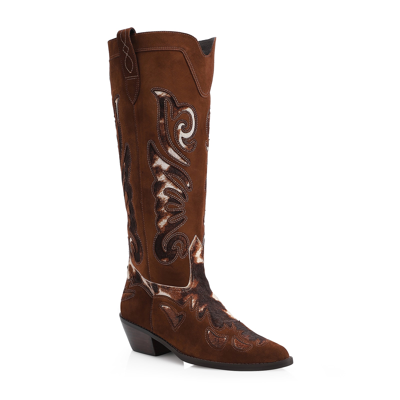 Bota Western Couro Camurça Marrom/Couro Pelo Vaca