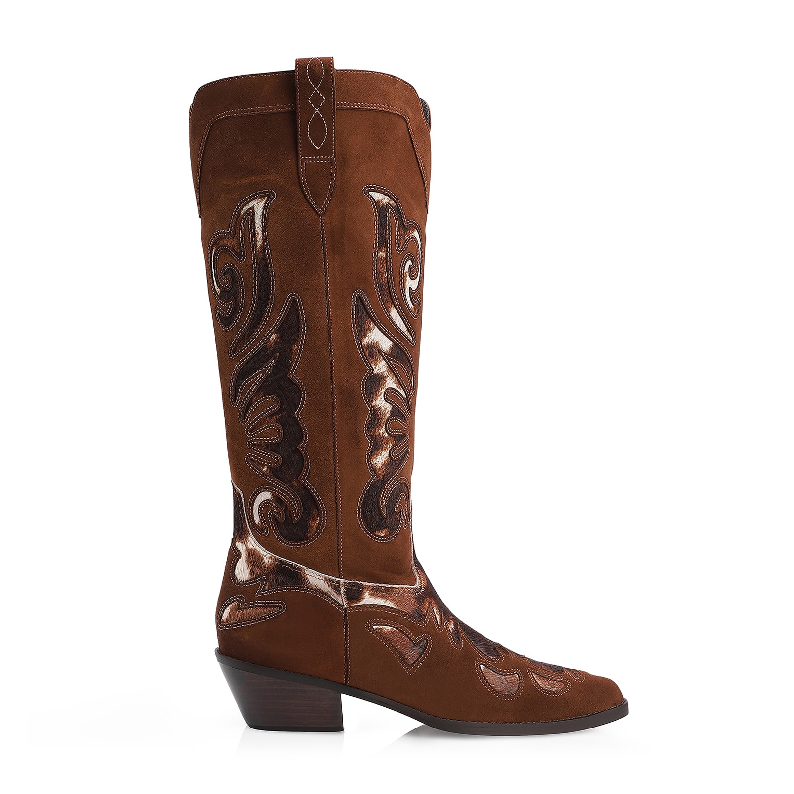 Bota Western Couro Camurça Marrom/Couro Pelo Vaca