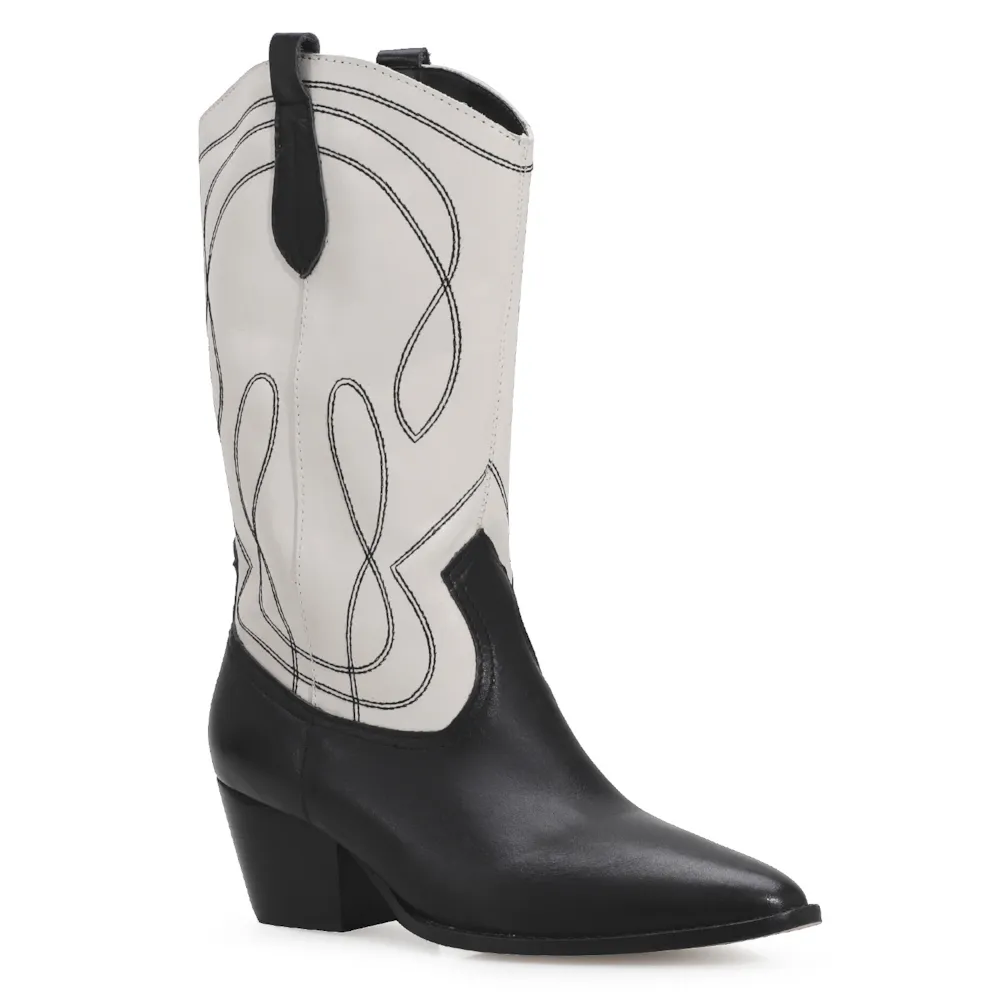 Bota Western Couro Preto/Off White