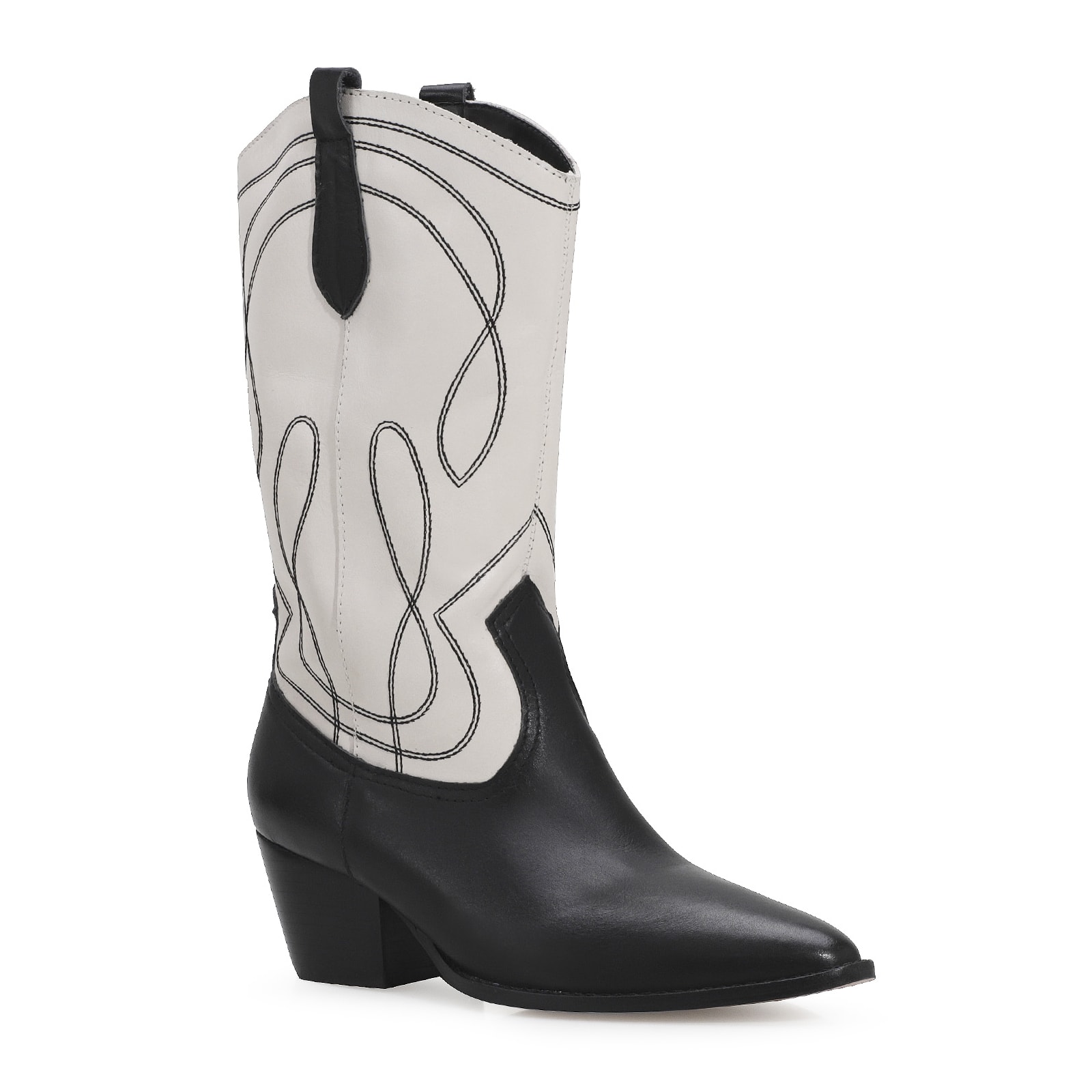 Bota Western Couro Preto/Off White