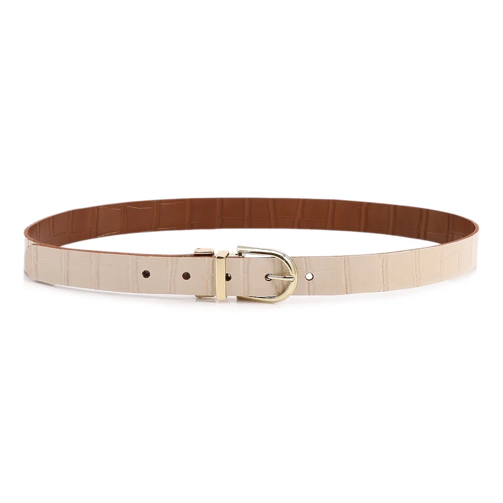Cinto Cinto Couro Croco Off White / Marrom Claro Fivela Giratória