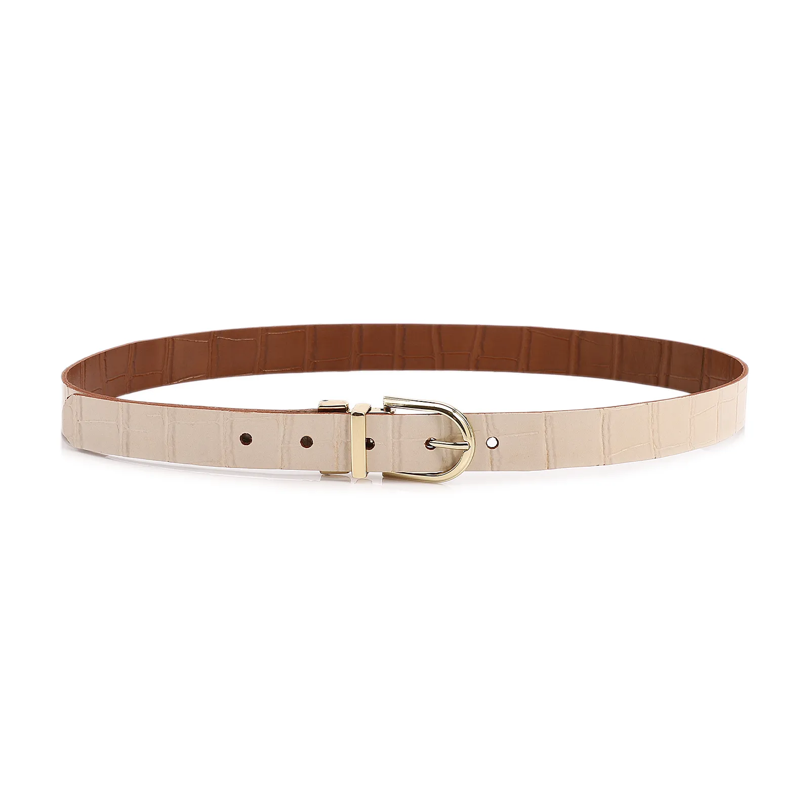 Cinto Cinto Couro Croco Off White / Marrom Claro Fivela Giratória
