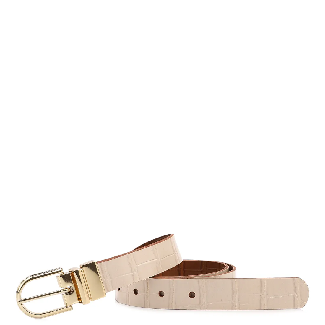 Cinto Cinto Couro Croco Off White / Marrom Claro Fivela Giratória