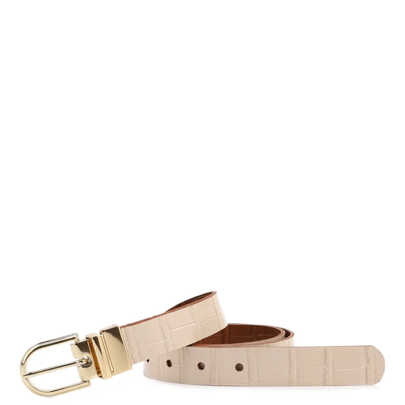 Cinto Cinto Couro Croco Off White / Marrom Claro Fivela Giratória
