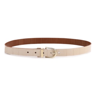 Cinto Couro Croco Off White / Marrom Claro fivela giratória