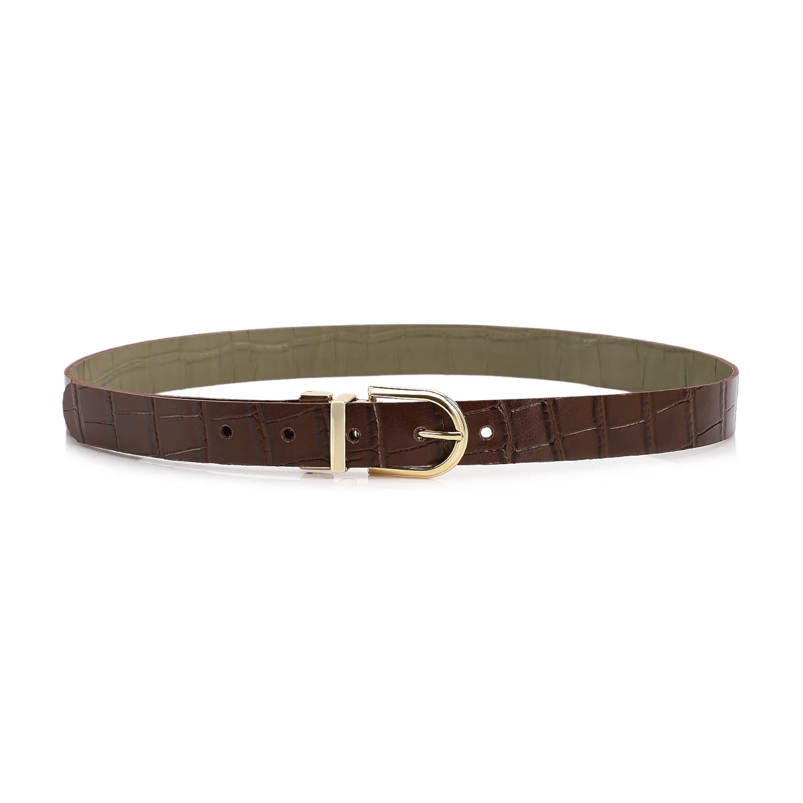 Cinto Couro Croco Marrom/Verde Fivela Giratória