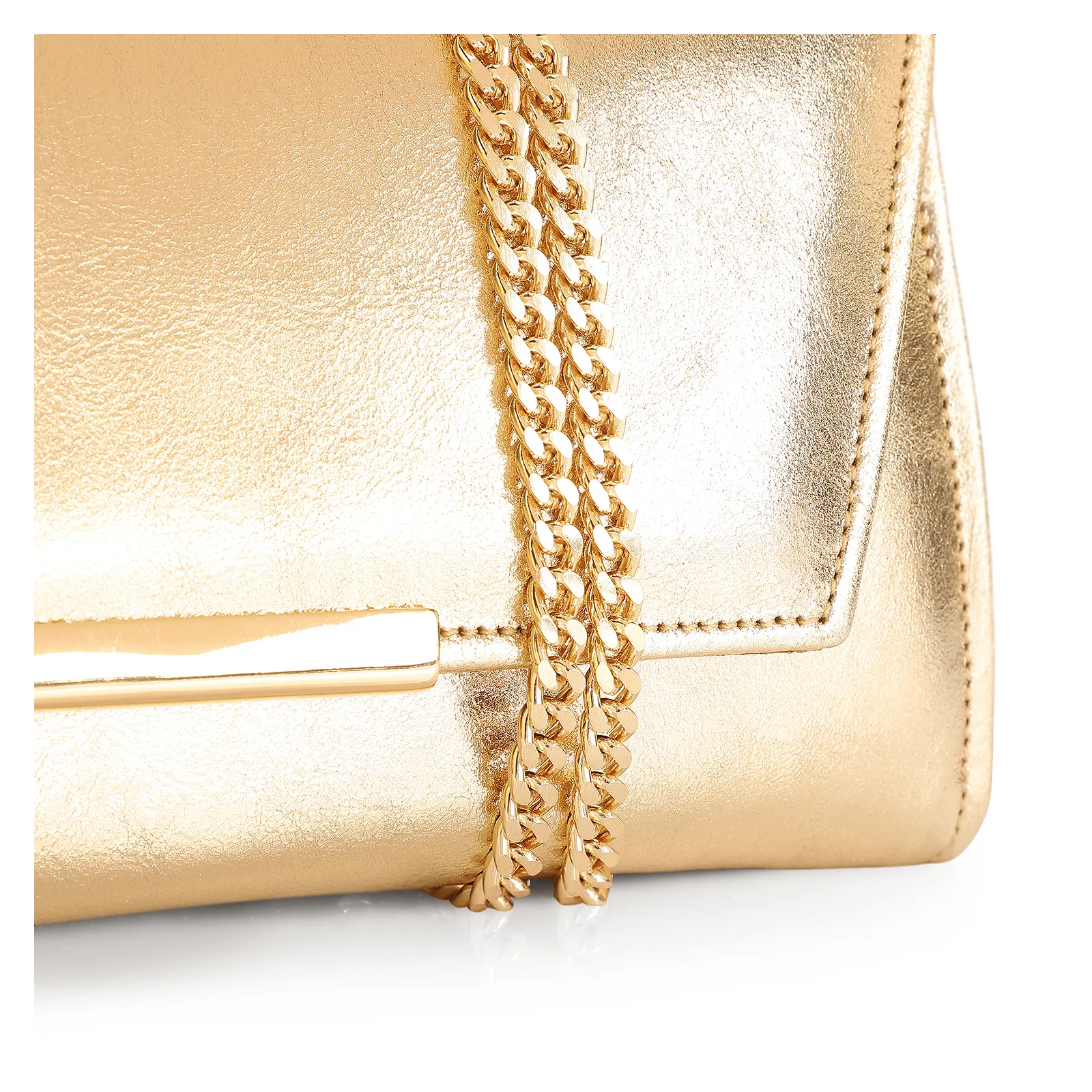 Clutch Couro Dourado Metalizado Alça Corrente