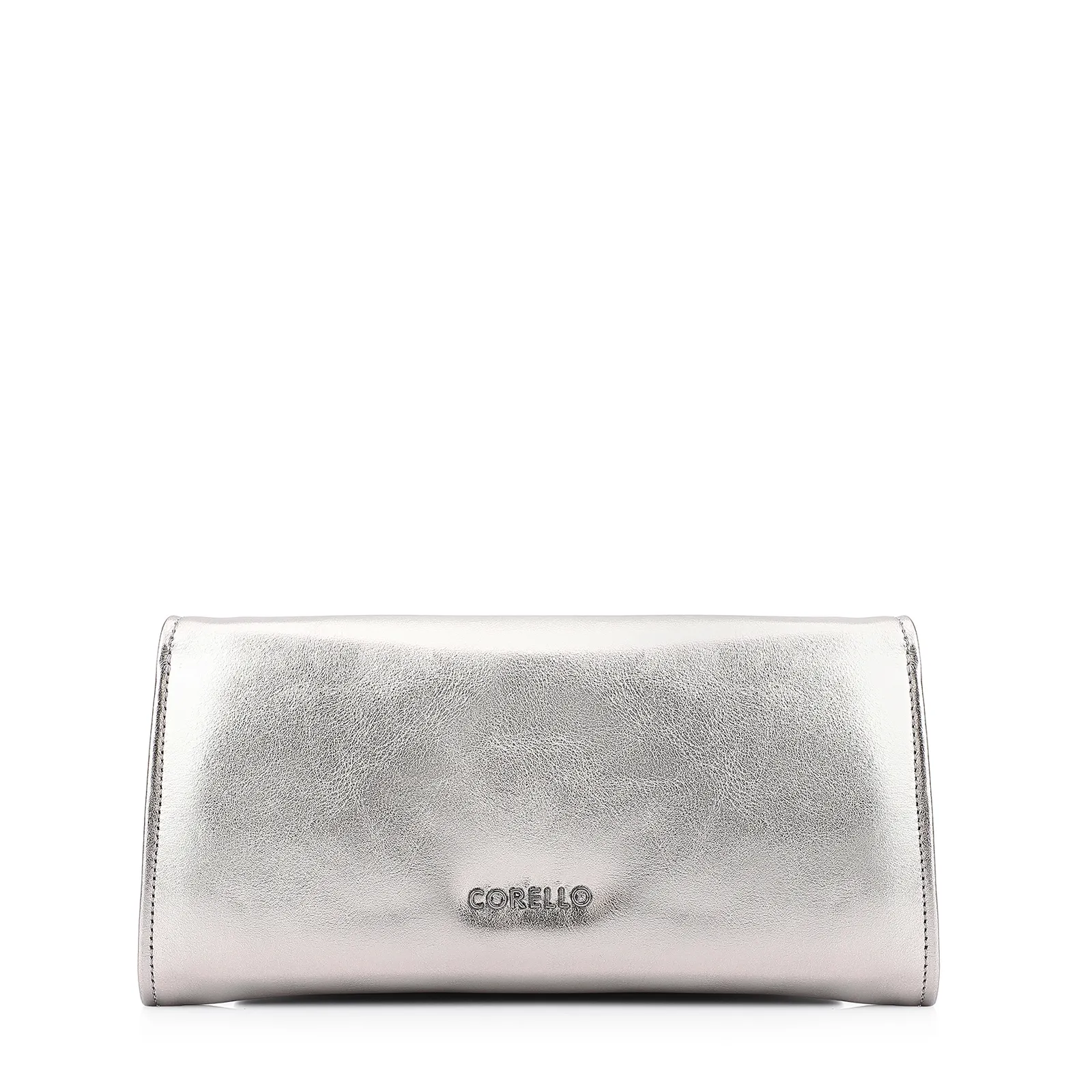 Clutch Couro Prata Metalizado Alça Corrente