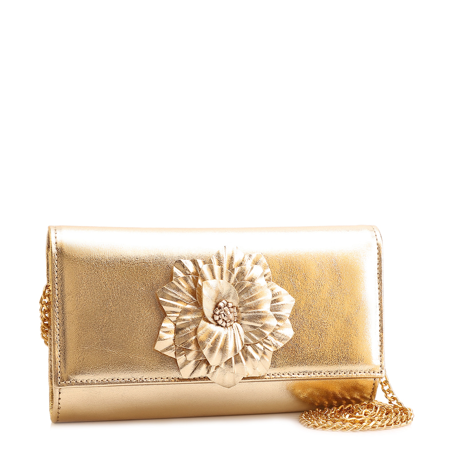 Clutch Flor Couro Dourado