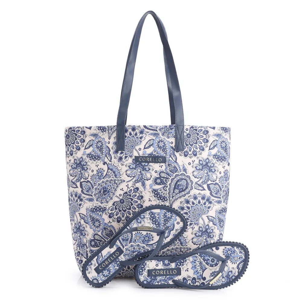 Kit Bolsa Sacola e Rasteirinha Alt Azul Paisley
