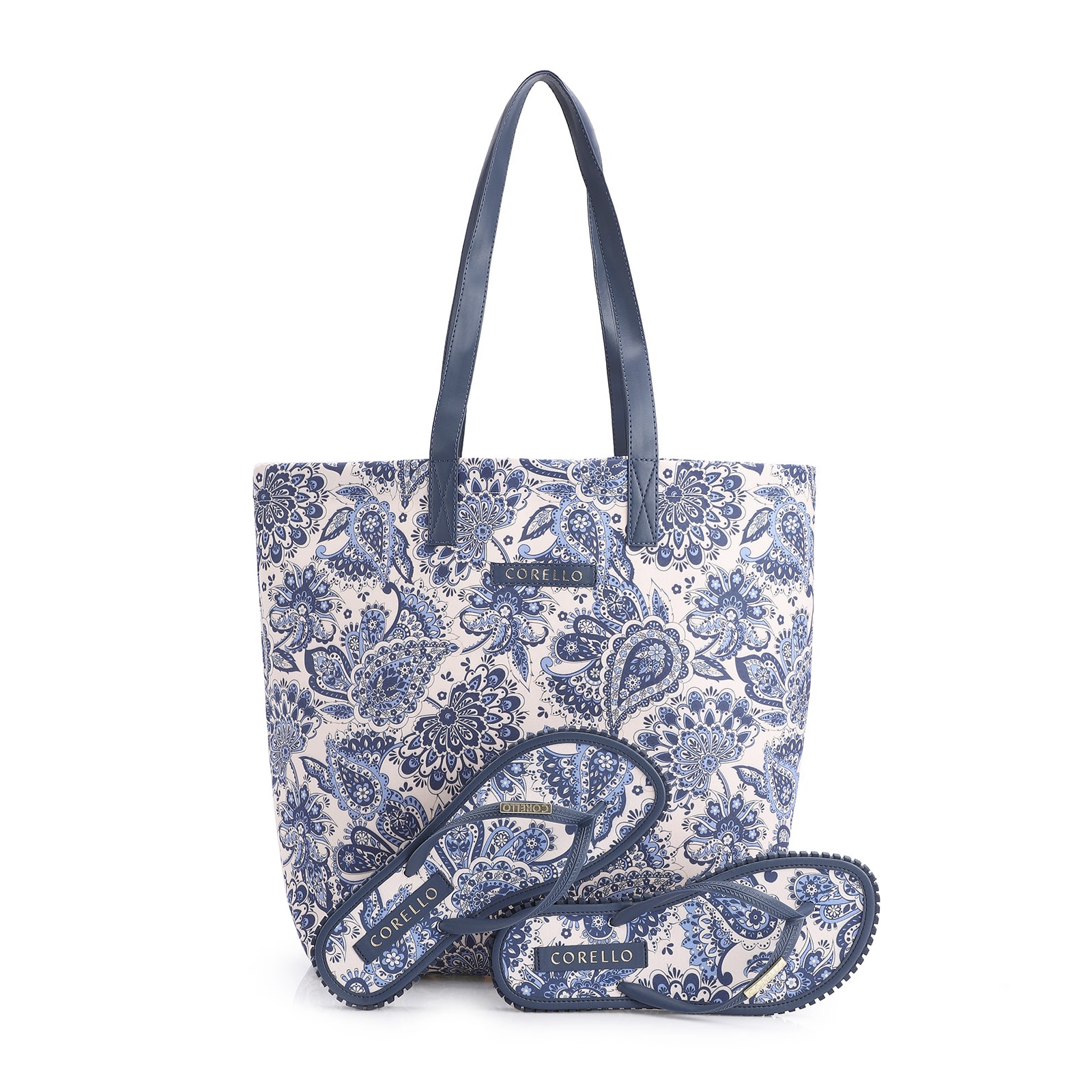 Kit Bolsa Sacola e Rasteirinha Alt Azul Paisley