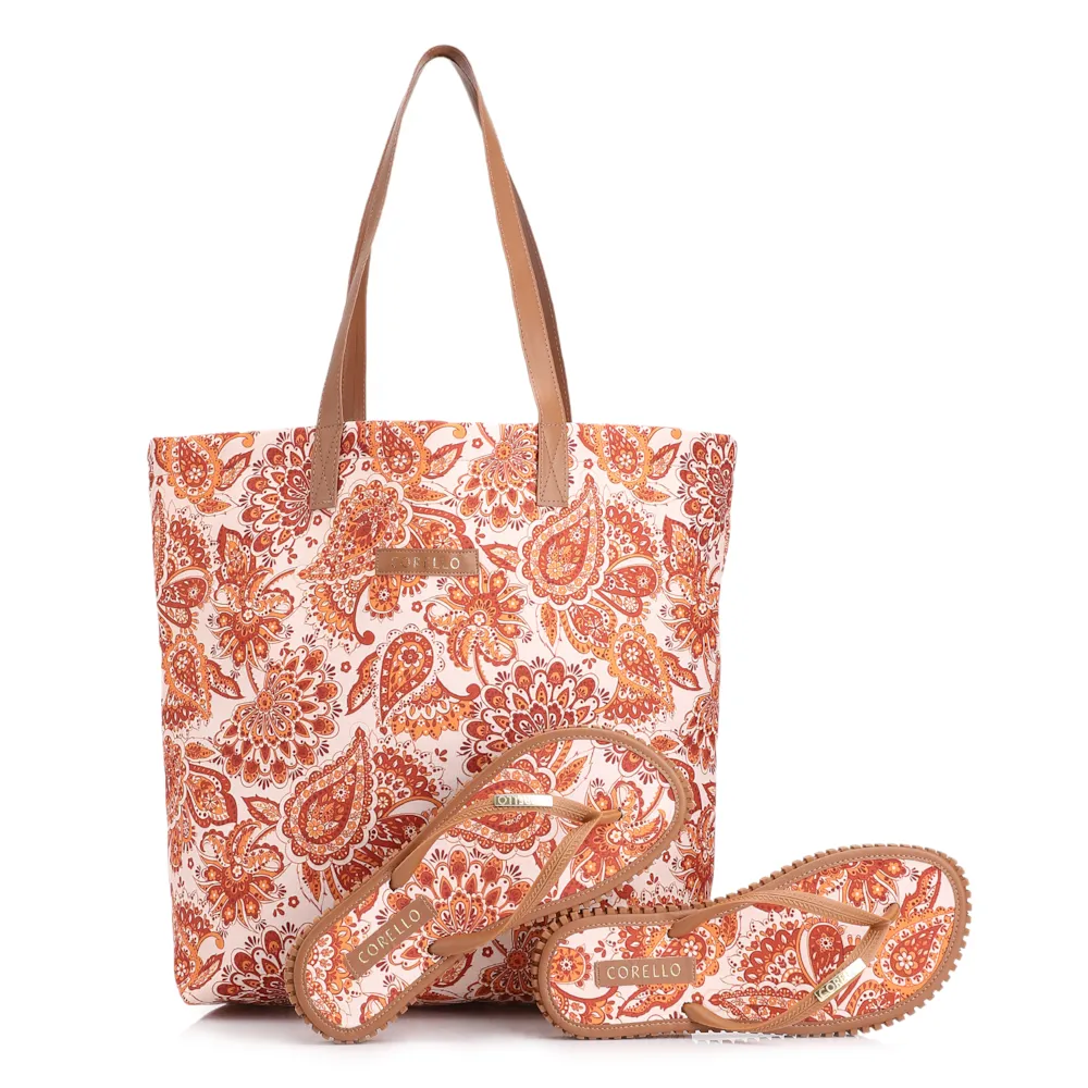 Kit Bolsa Sacola e Rasteirinha Alt Paisley Marrom/Off White