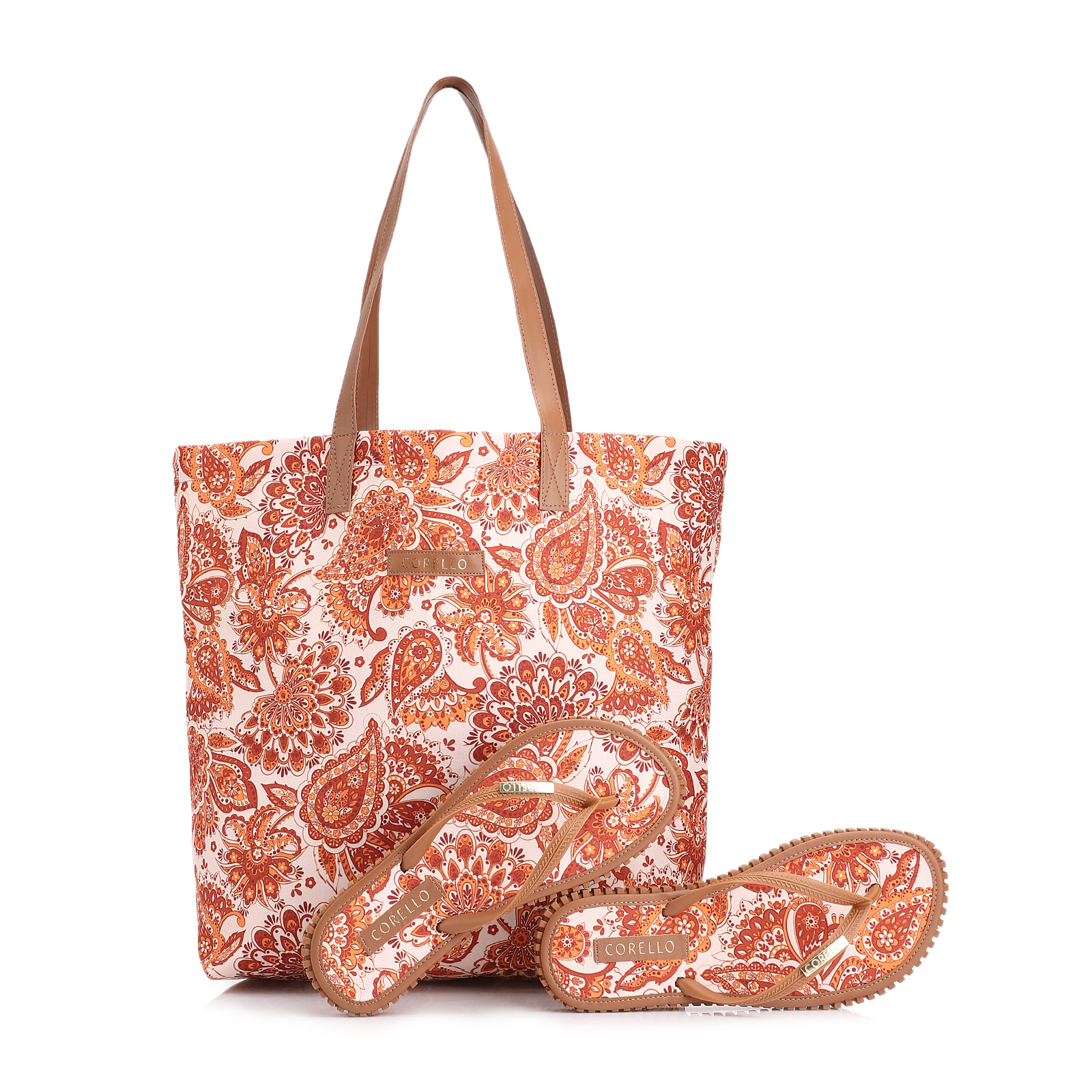 Kit Bolsa Sacola e Rasteirinha Alt Paisley Marrom/Off White