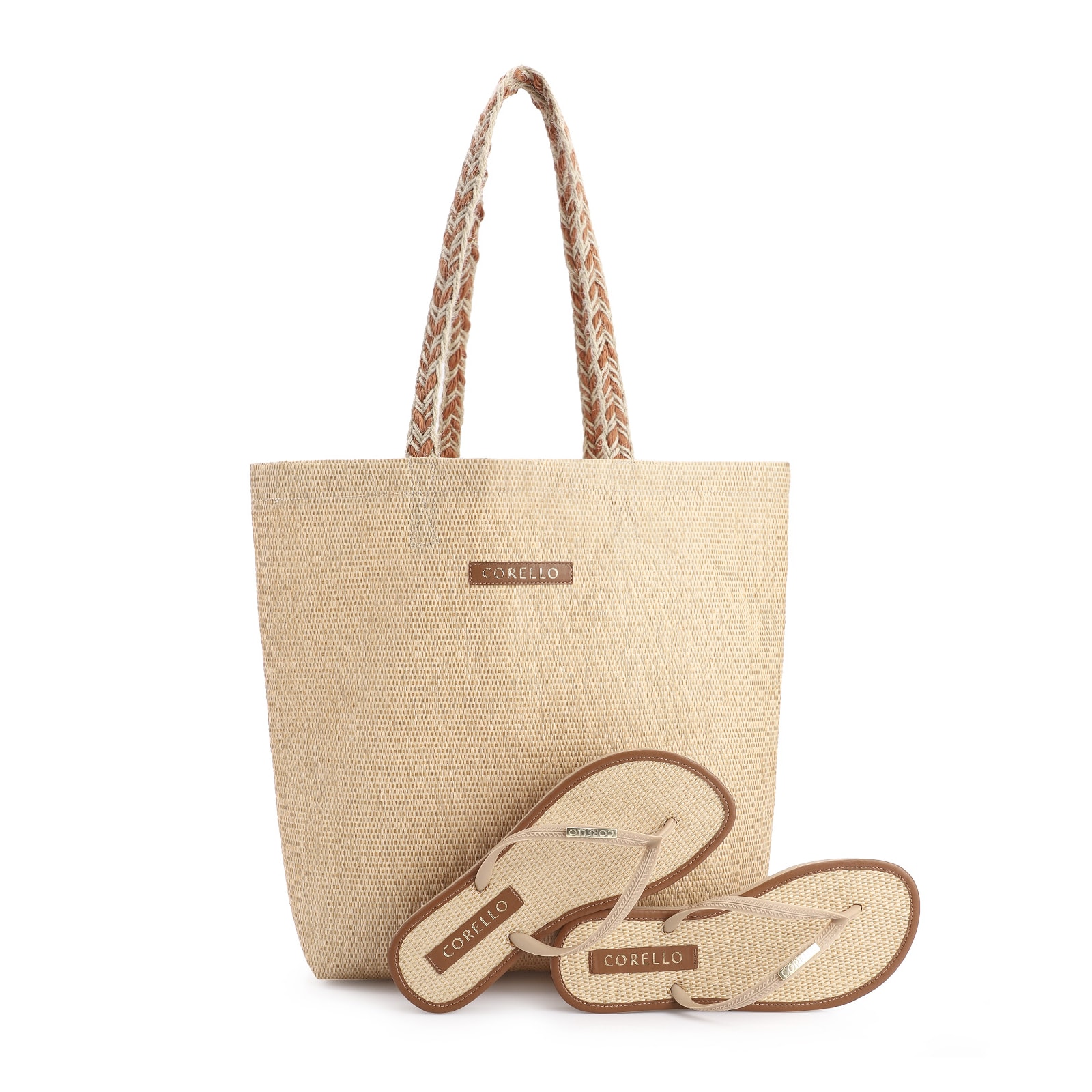 Kit Rasteirinha e Bolsa Sacola Alt Marrom/Rafia