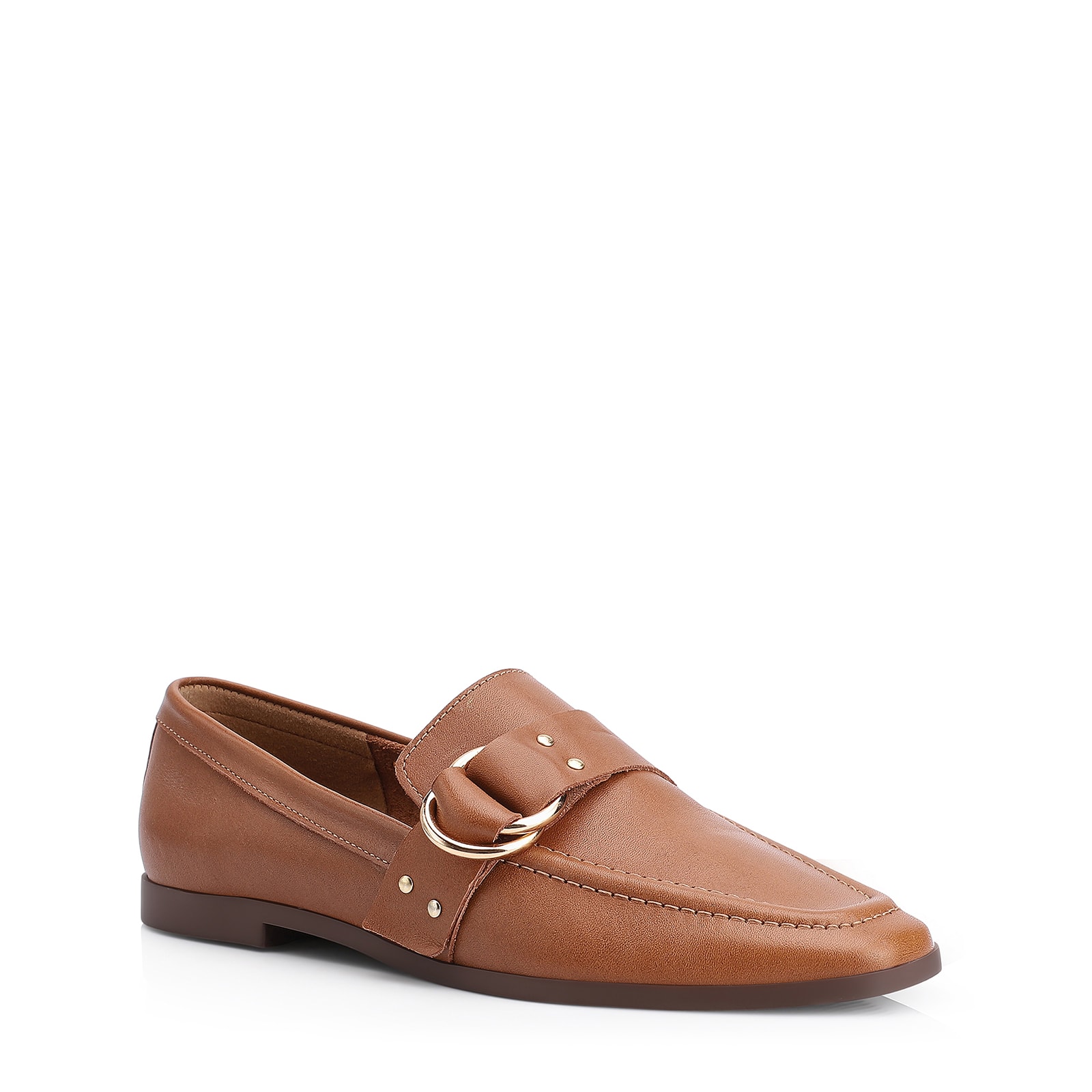 Mocassim Argola Couro Marrom Rebites