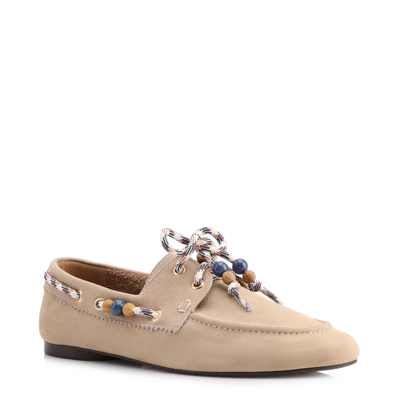 Mocassim Bege Couro Nobuck Floater Amarração Miçangas